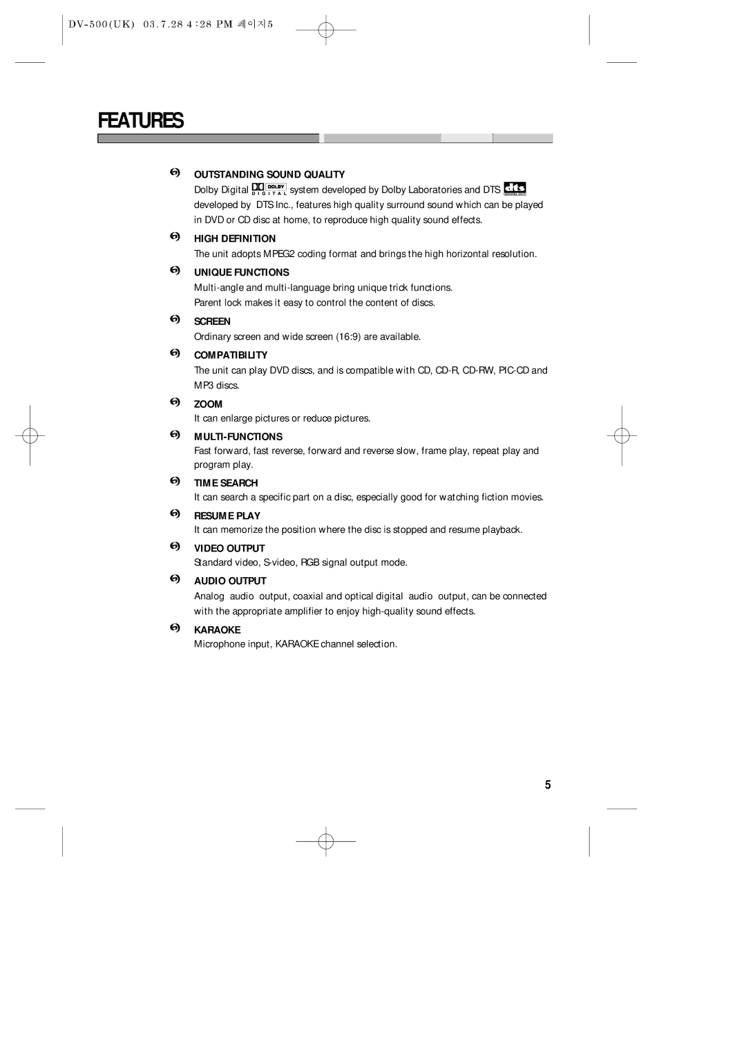 Daewoo DV-500 owner manual Features 