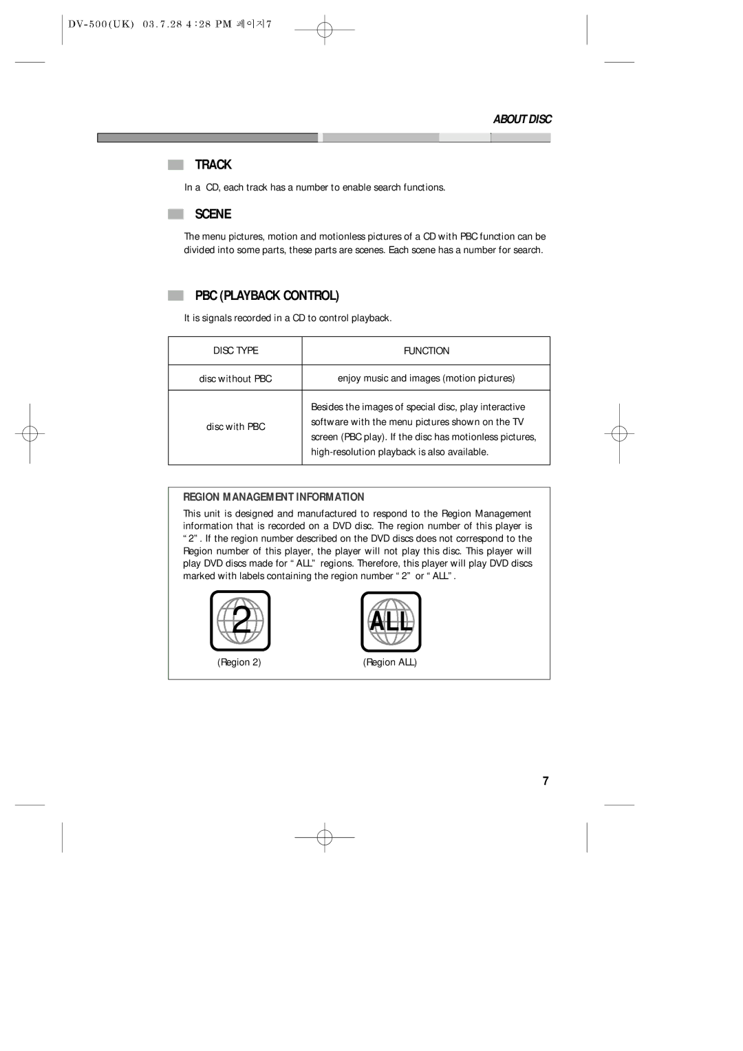 Daewoo DV-500 owner manual Track, Scene, PBC Playback Control, Disc Type Function 