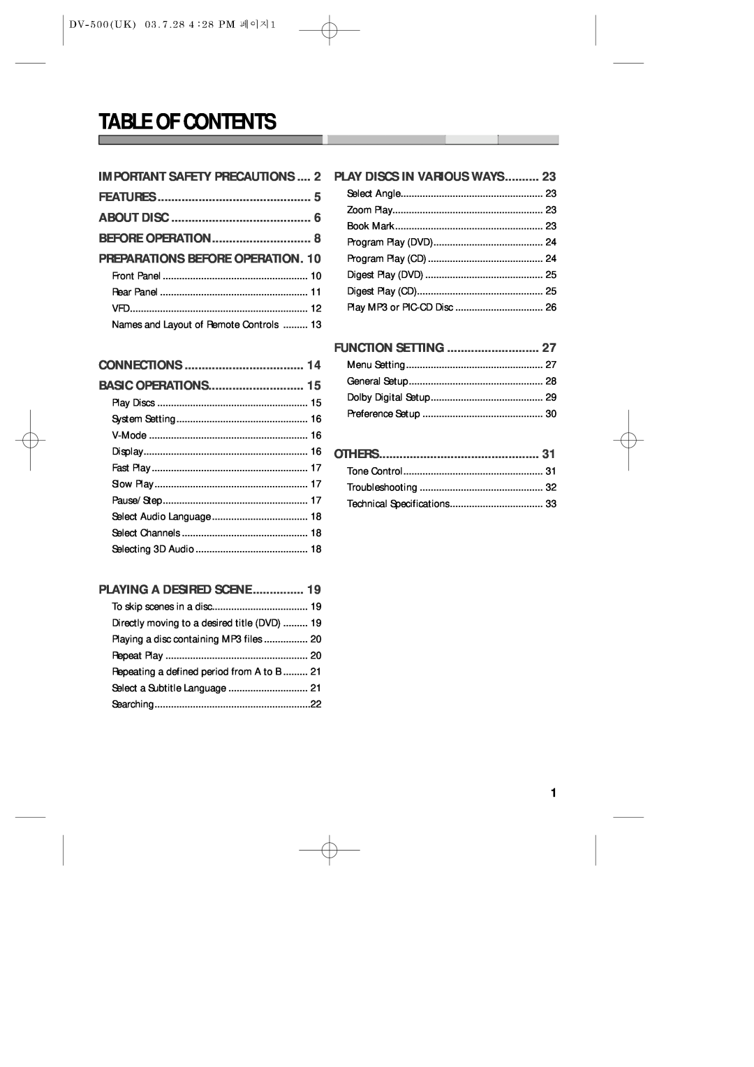 Daewoo DV-500 owner manual Table Of Contents 