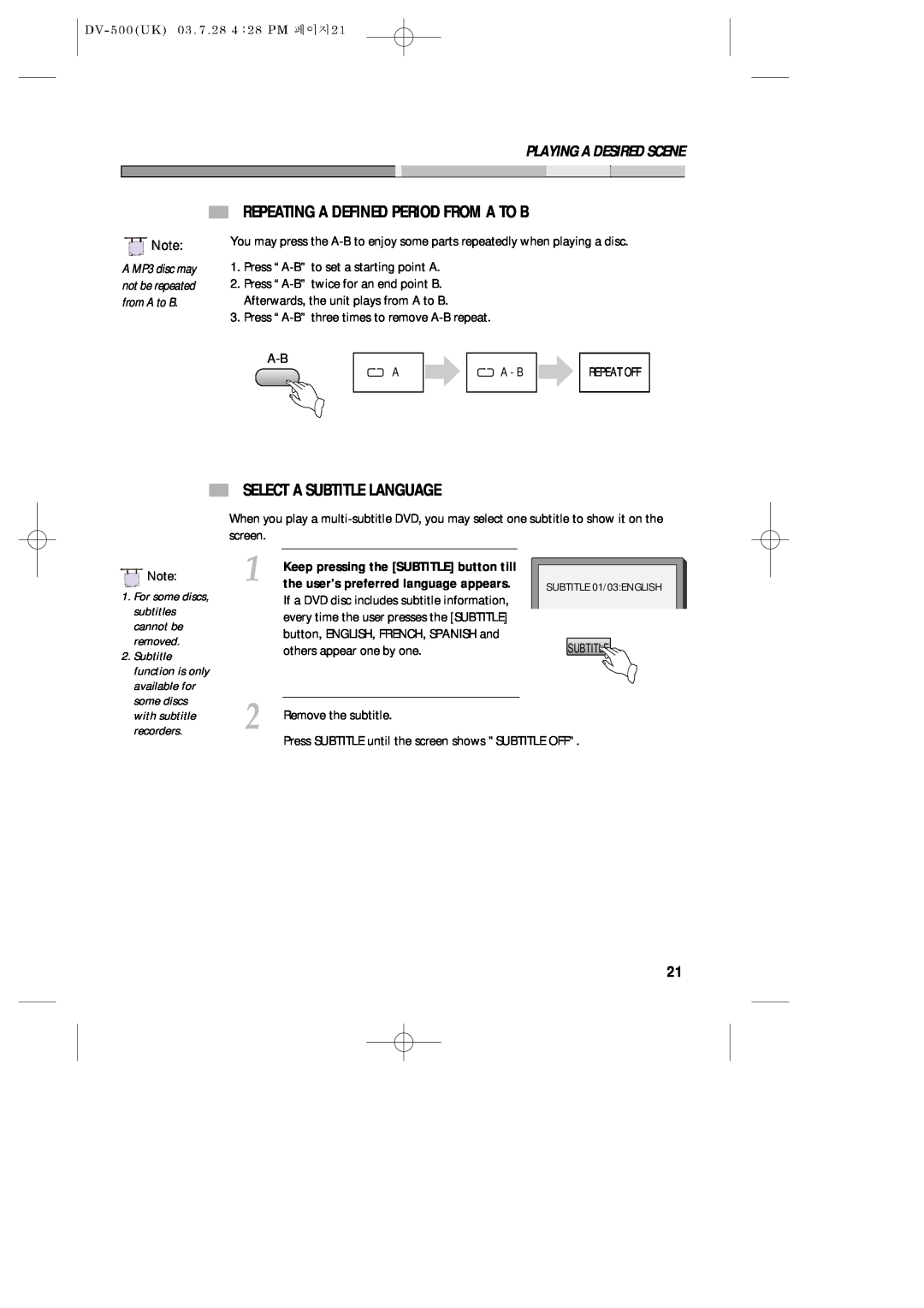 Daewoo DV-500 owner manual Repeating A Defined Period From A To B, Select A Subtitle Language, Playing A Desired Scene 
