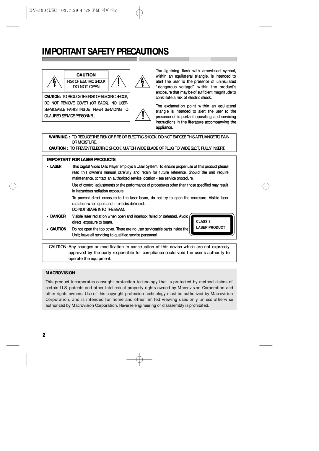 Daewoo DV-500 owner manual Important Safety Precautions, Important For Laser Products, Macrovision 