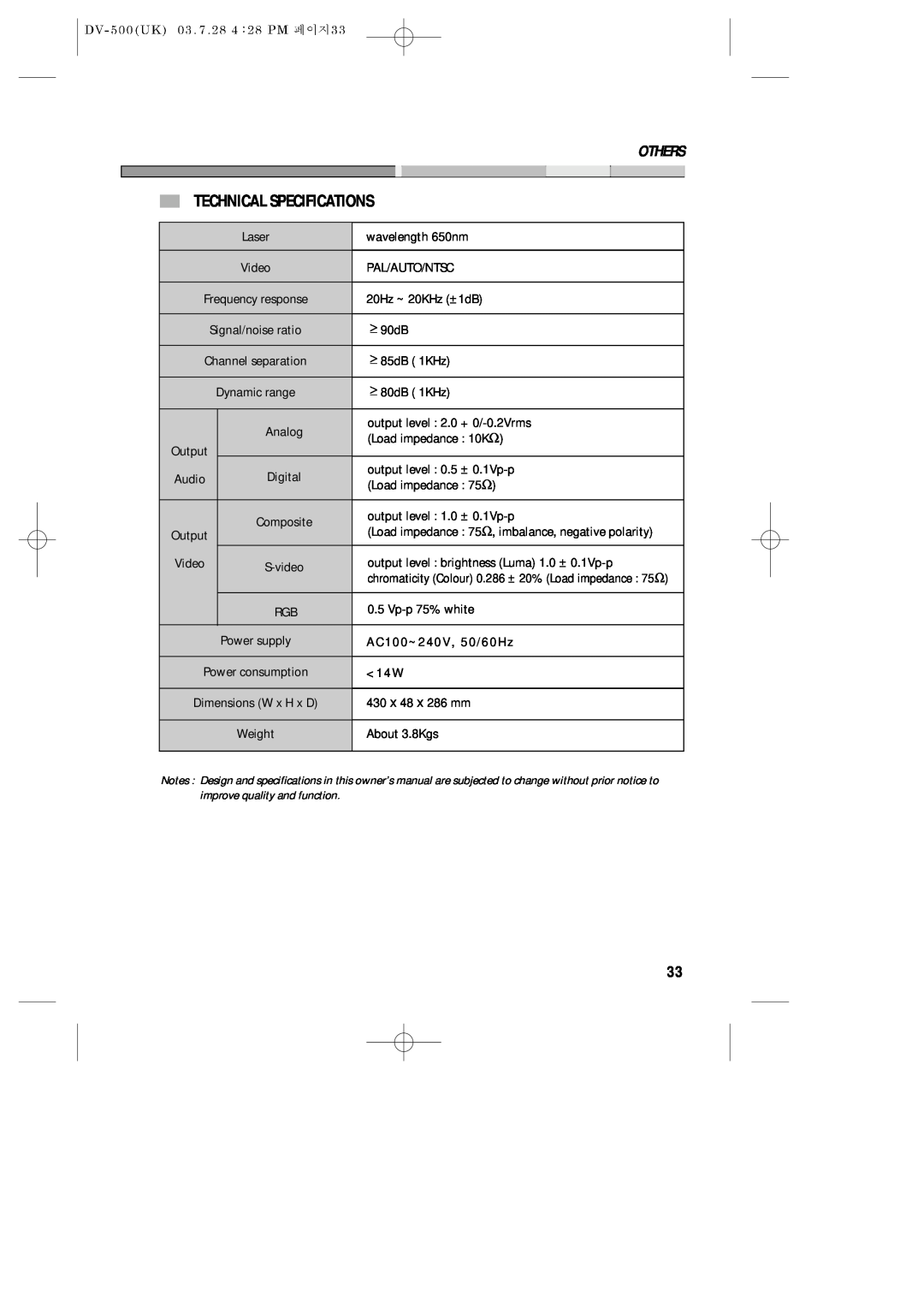 Daewoo DV-500 owner manual Technical Specifications, Others 