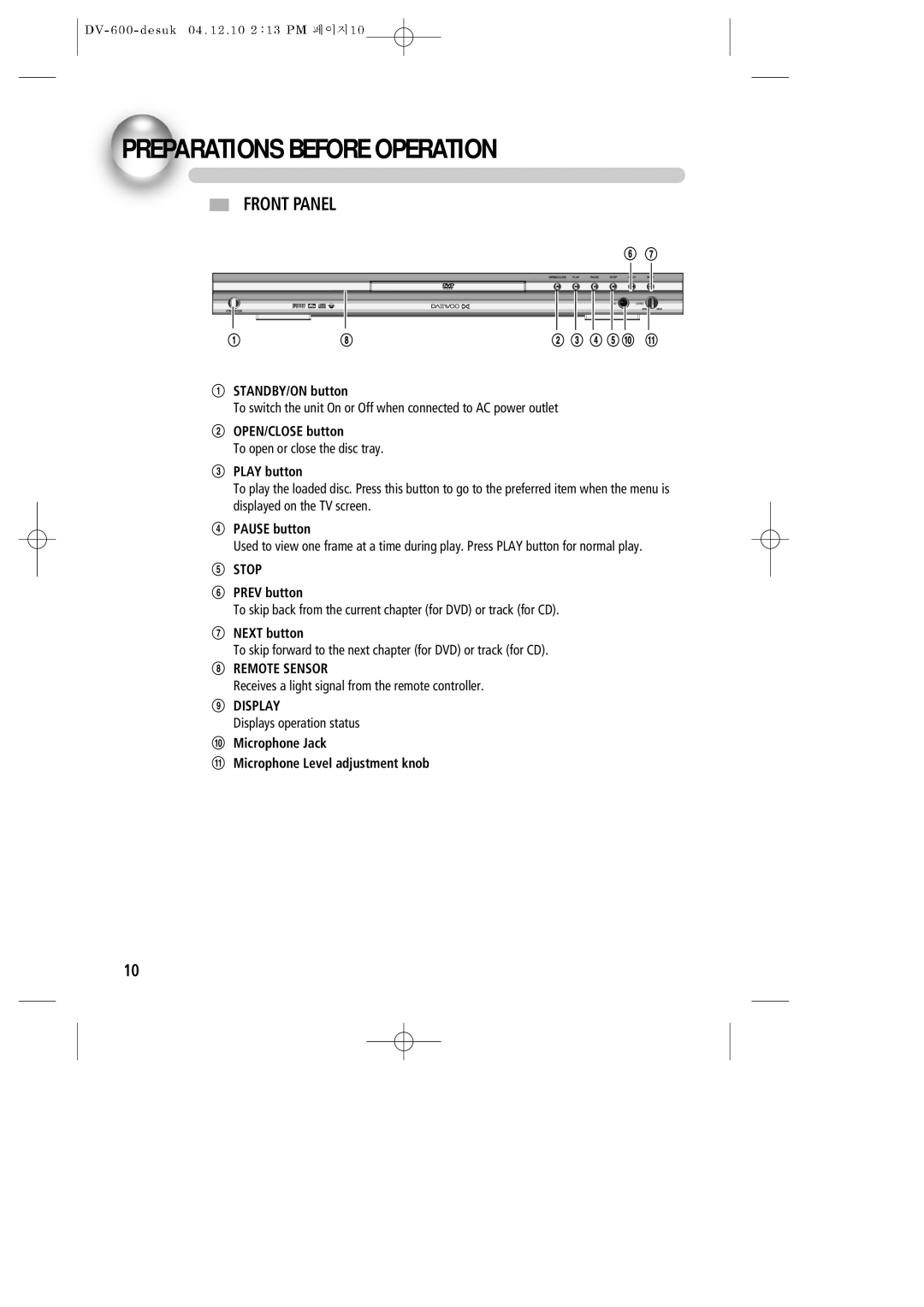 Daewoo DV-600 instruction manual Preparations Before Operation, Front Panel, Stop, Remote Sensor, Display 