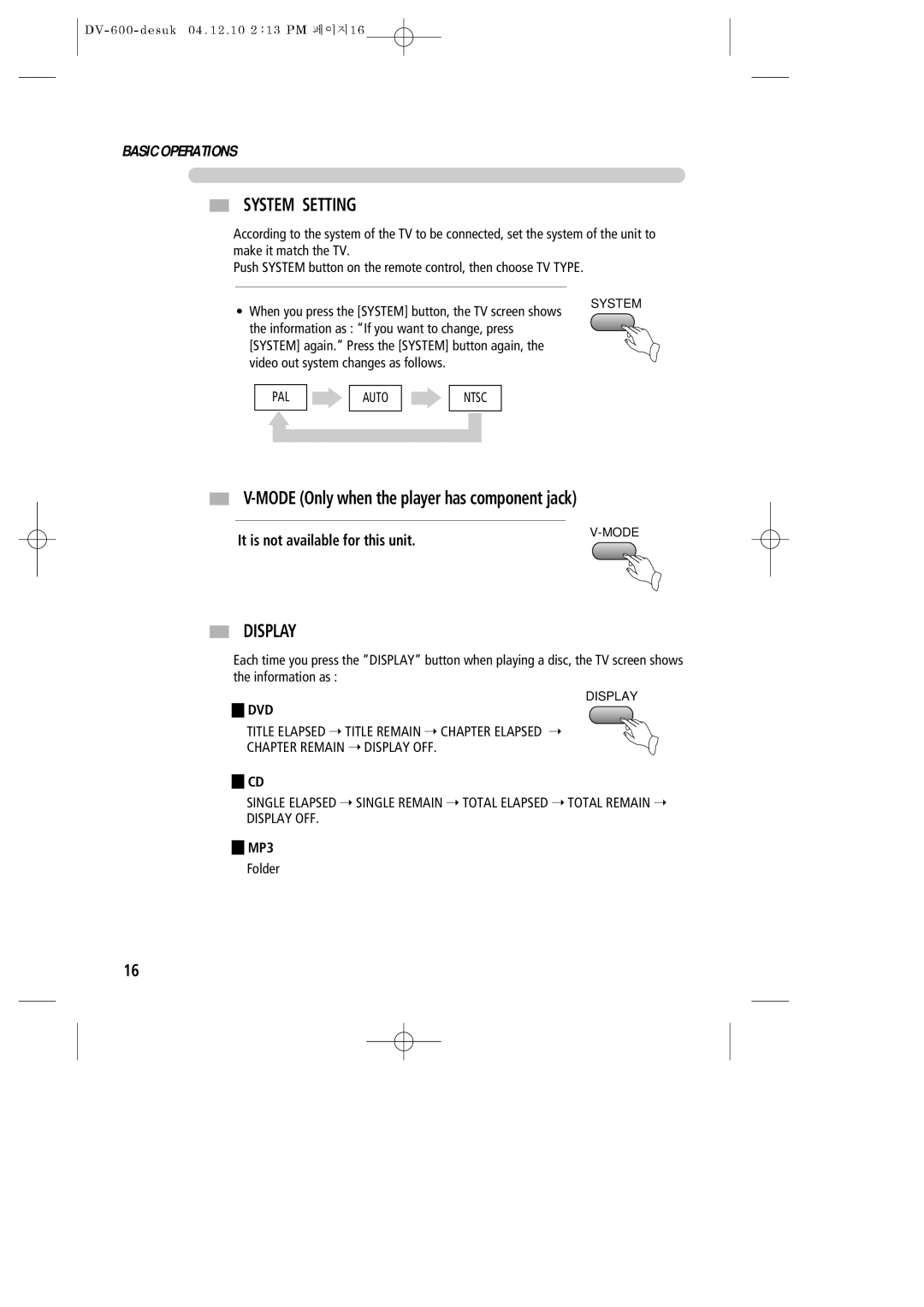 Daewoo DV-600 instruction manual System Setting, Display, Dvd, MP3, Folder 