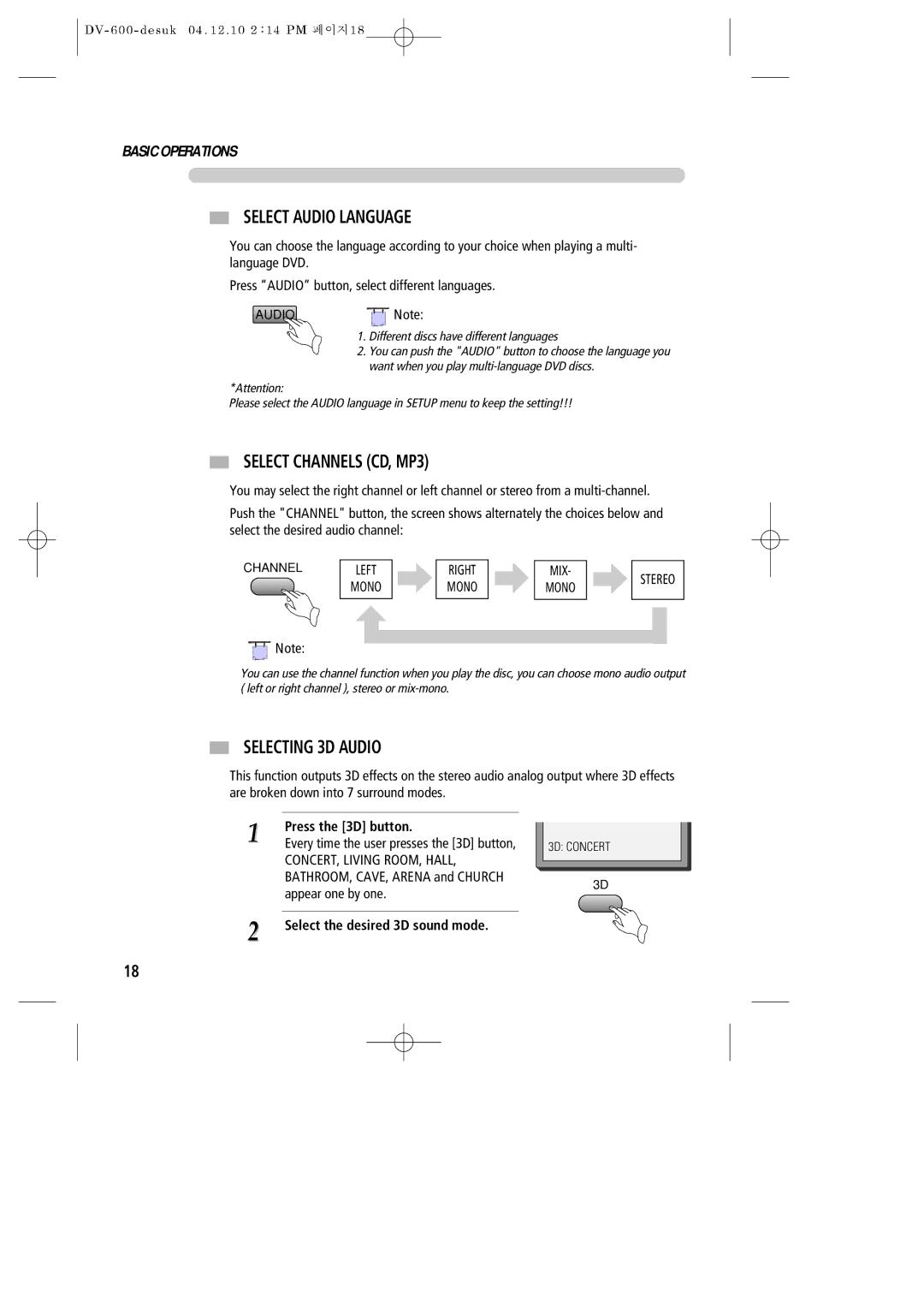 Daewoo DV-600 instruction manual Select Audio Language, Select Channels CD, MP3, Selecting 3D Audio, Press the 3D button 