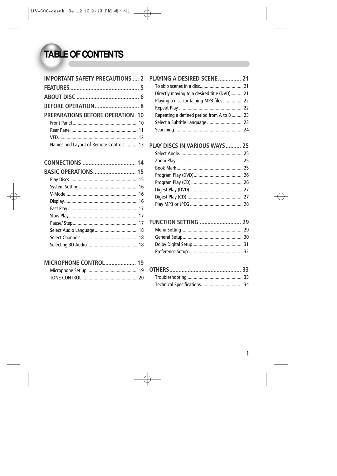 Daewoo DV-600 instruction manual Table of Contents 