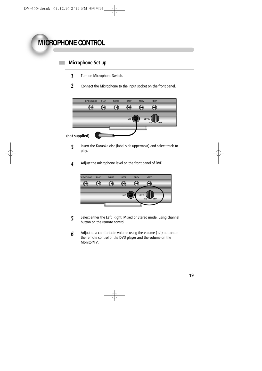 Daewoo DV-600 instruction manual Microphone Control, Not supplied, Button on the remote control, Monitor/TV 