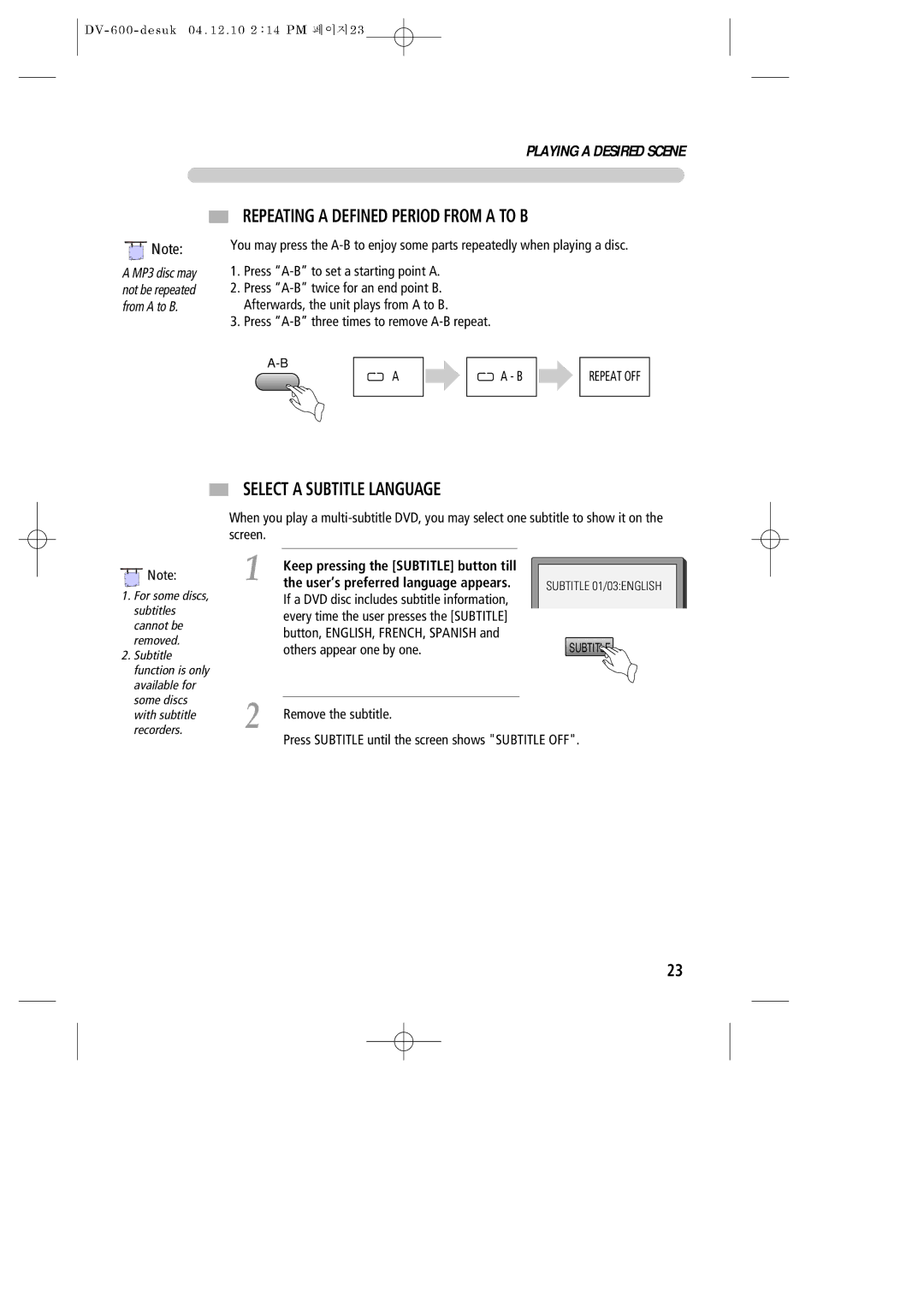 Daewoo DV-600 Repeating a Defined Period from a to B, Select a Subtitle Language, Others appear one by one 