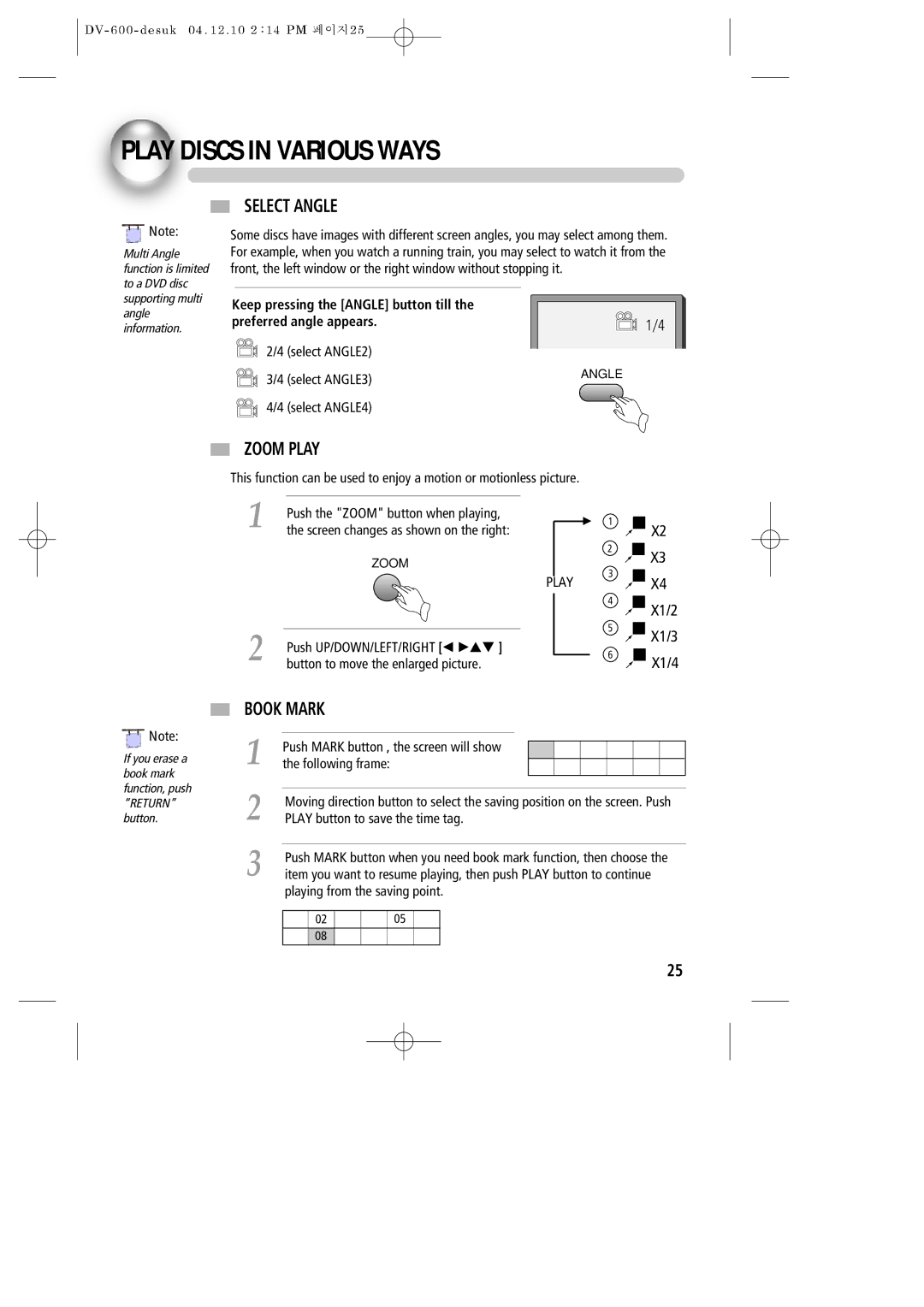 Daewoo DV-600 instruction manual Play Discs in Various Ways, Select Angle, Zoom Play, Book Mark 