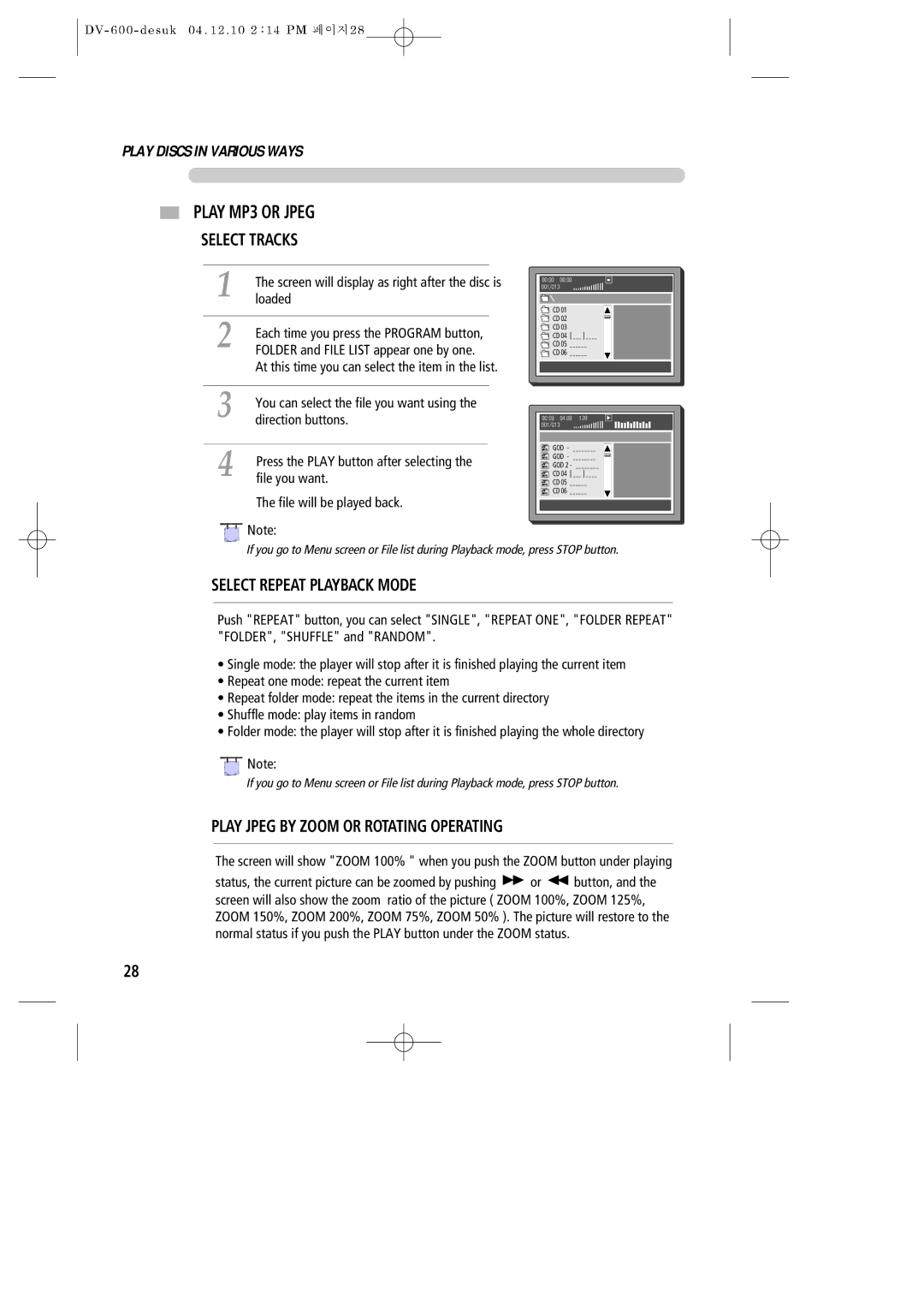 Daewoo DV-600 instruction manual Play MP3 or Jpeg, Loaded, Direction buttons, File you want, File will be played back 