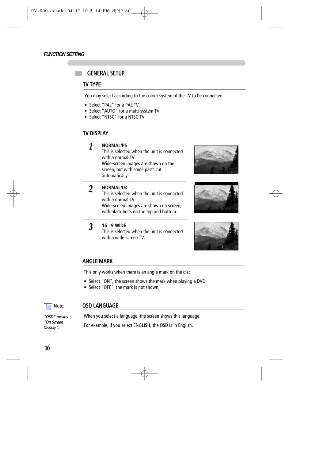 Daewoo DV-600 instruction manual General Setup, Normal/Ps, Normal/Lb, 16 9 Wide 