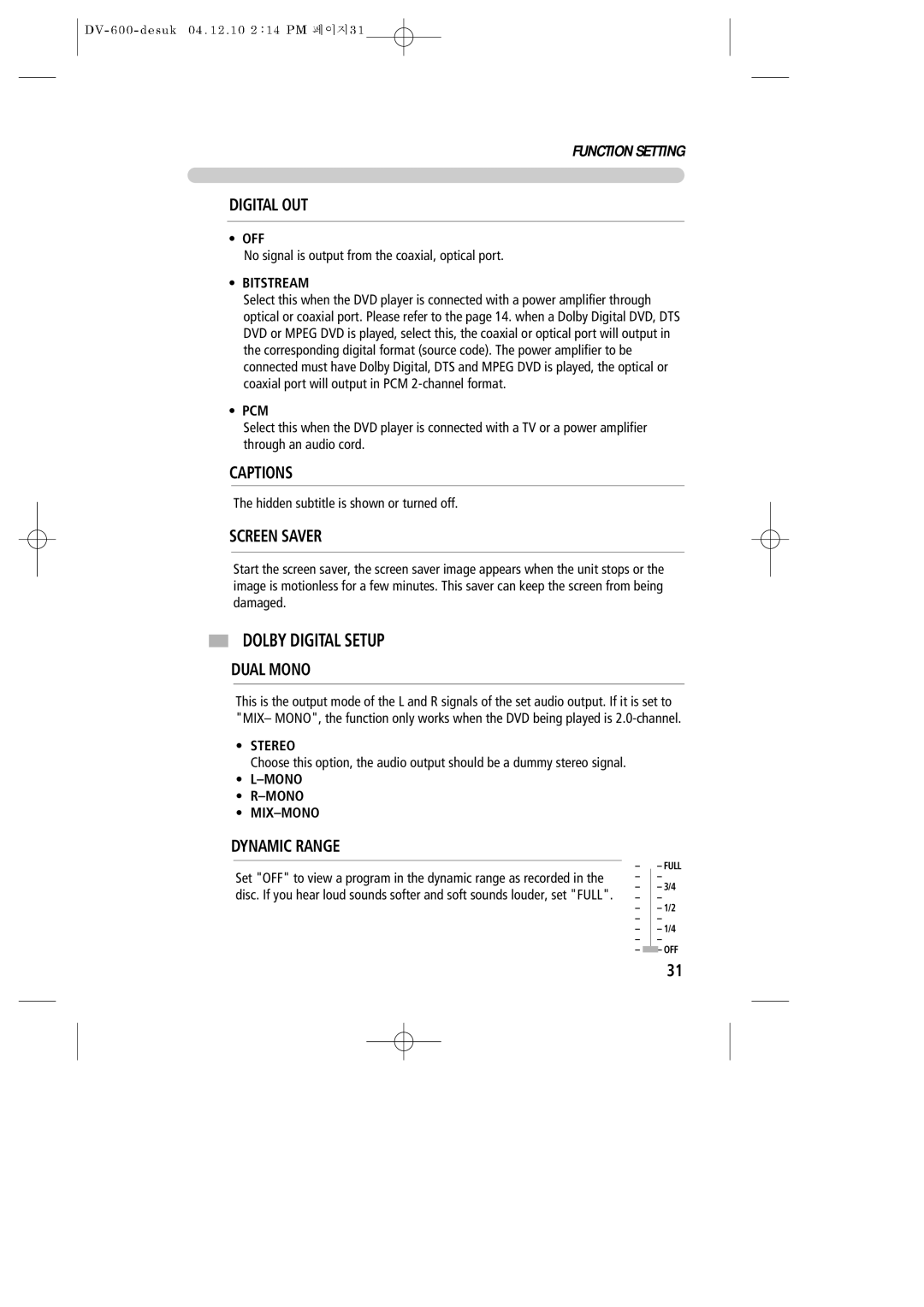 Daewoo DV-600 instruction manual Dolby Digital Setup, Bitstream, Pcm, Mono MIX-MONO 