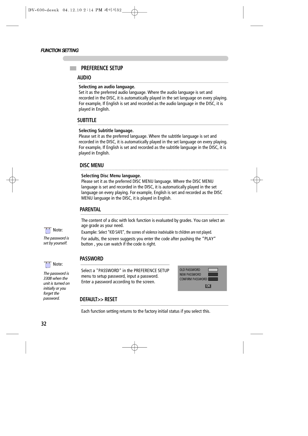 Daewoo DV-600 Preference Setup, Selecting an audio language, Selecting Subtitle language, Selecting Disc Menu language 