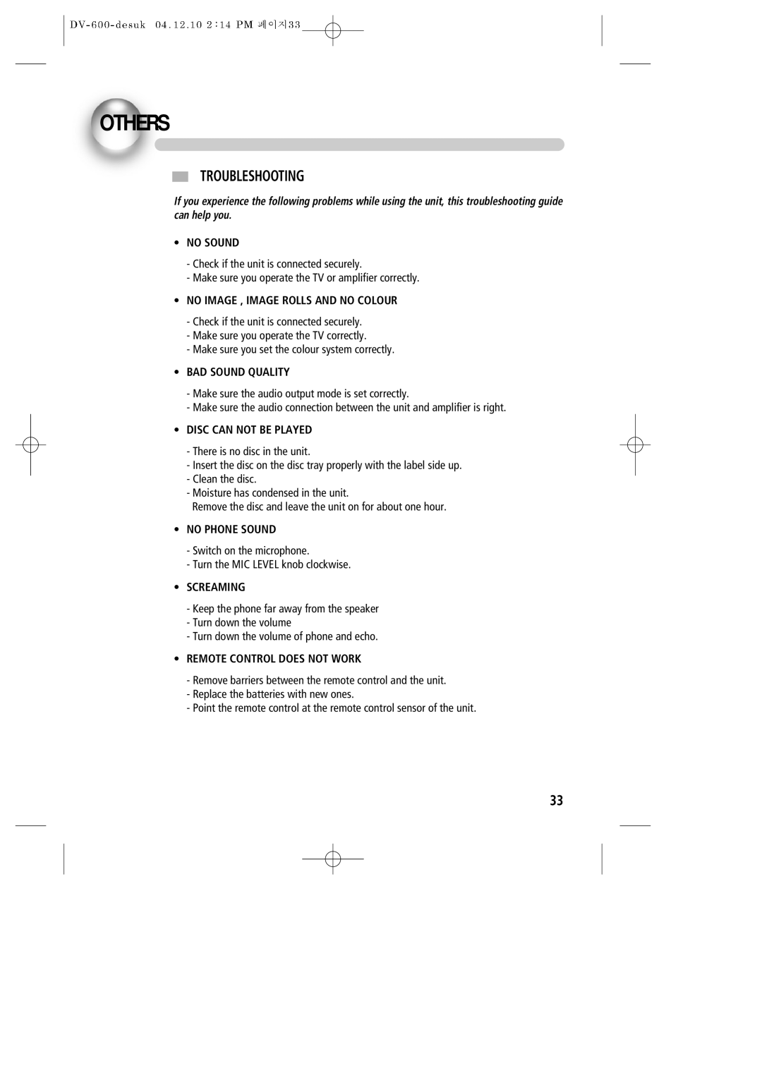 Daewoo DV-600 instruction manual Others, Troubleshooting 