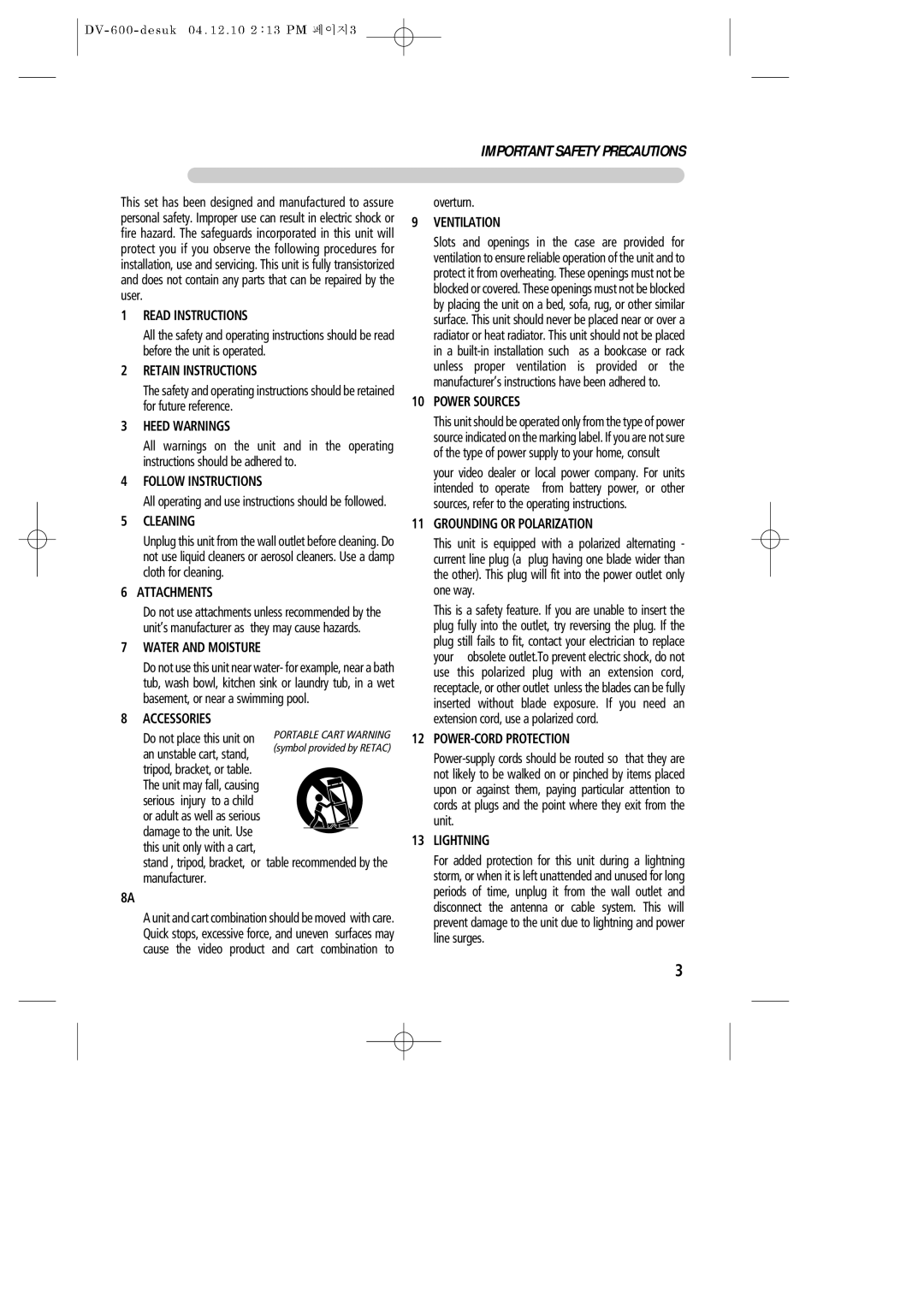 Daewoo DV-600 Read Instructions, Retain Instructions, Heed Warnings, Follow Instructions, Cleaning, Attachments, Lightning 