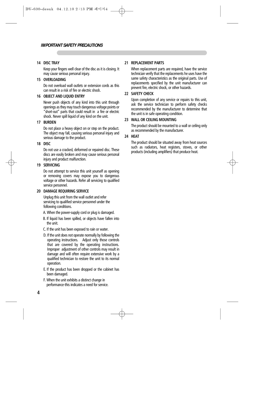 Daewoo DV-600 Disc Tray, Overloading, Object and Liquid Entry, Burden, Servicing, Damage Requiring Service, Safety Check 