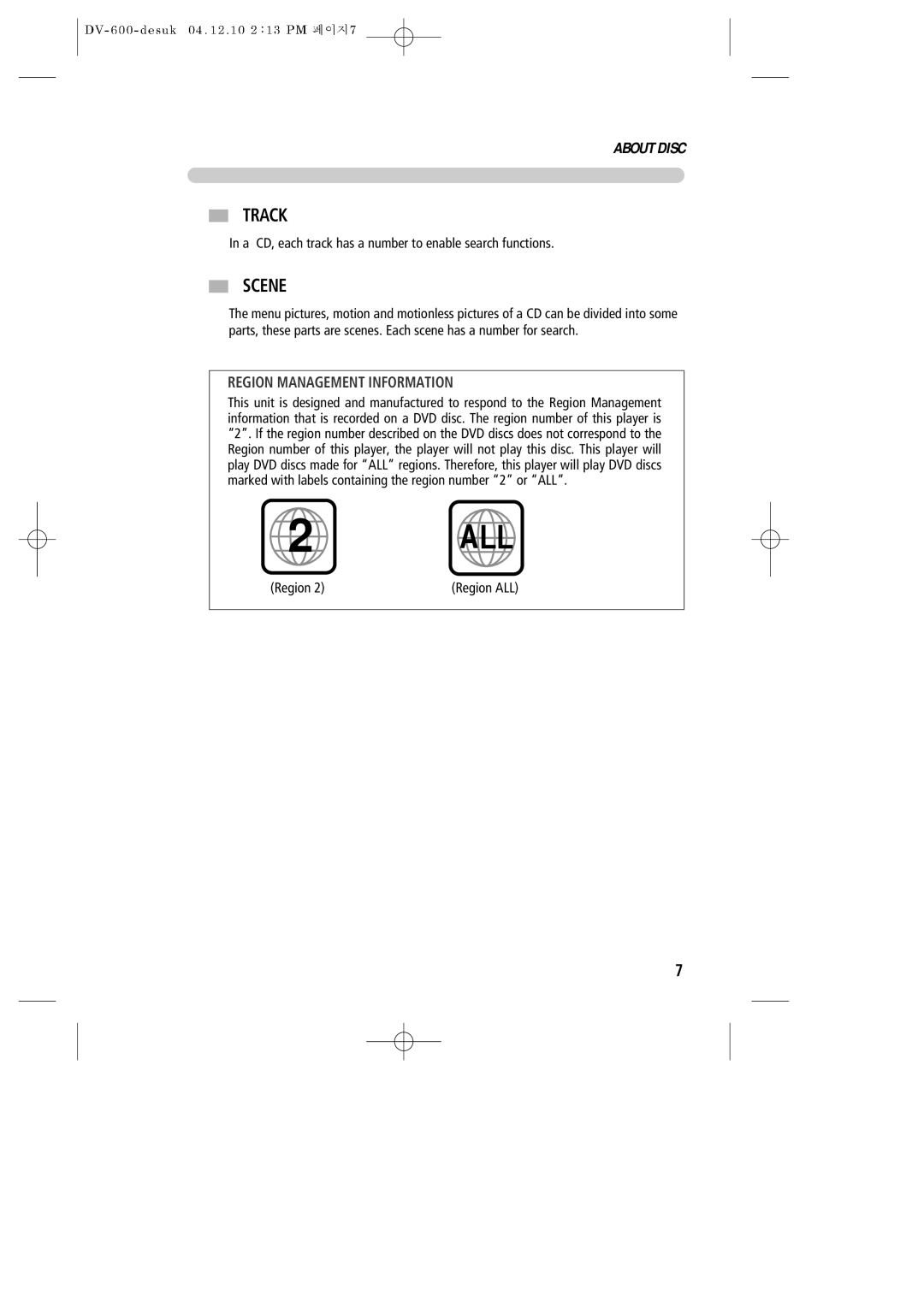 Daewoo DV-600 instruction manual Track, Scene, A CD, each track has a number to enable search functions, Region 