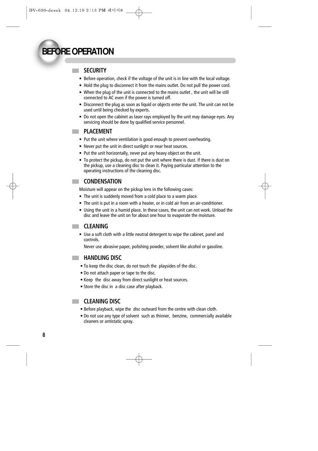 Daewoo DV-600 instruction manual Before Operation 