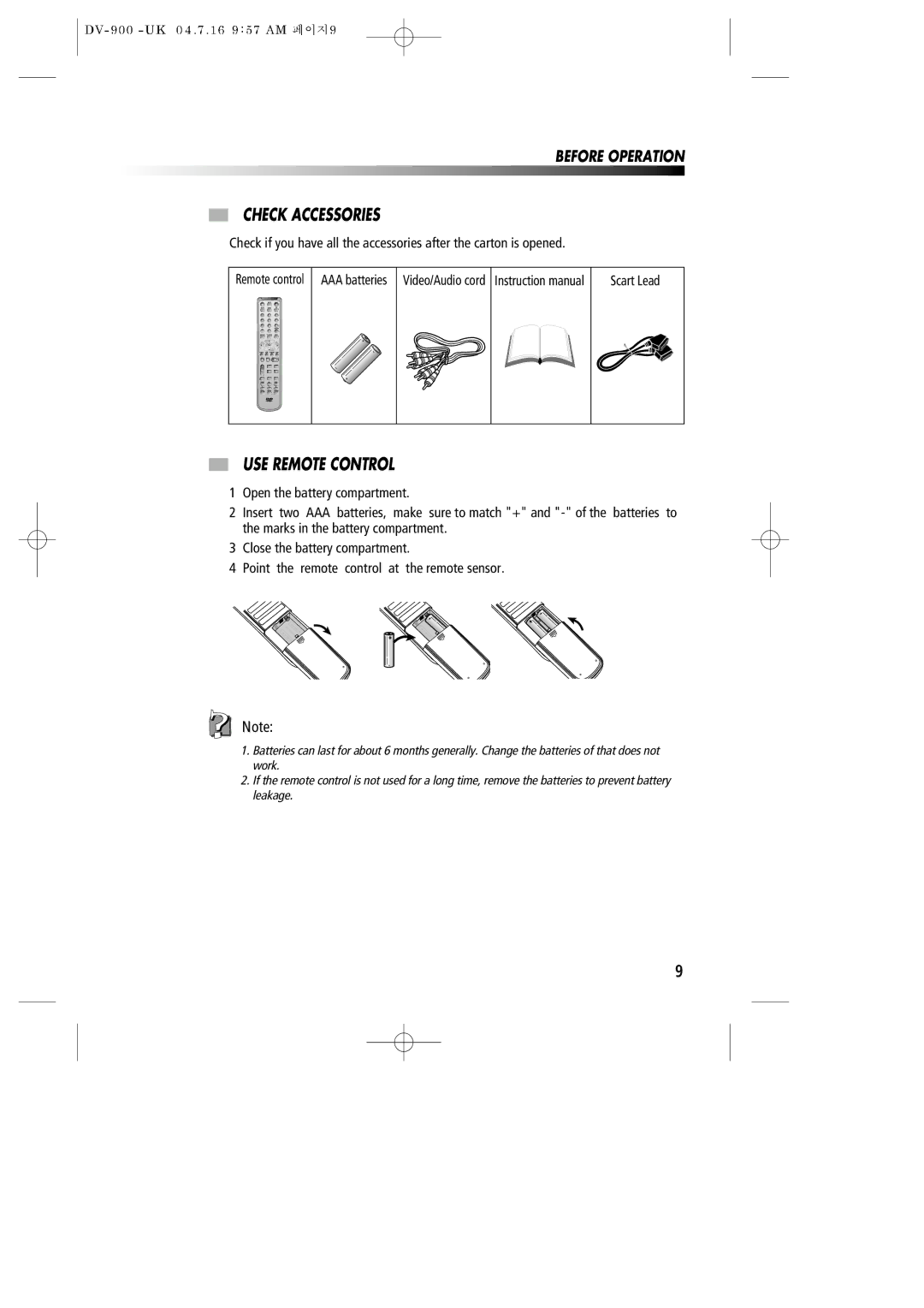 Daewoo DV-900 instruction manual Check Accessories, USE Remote Control 