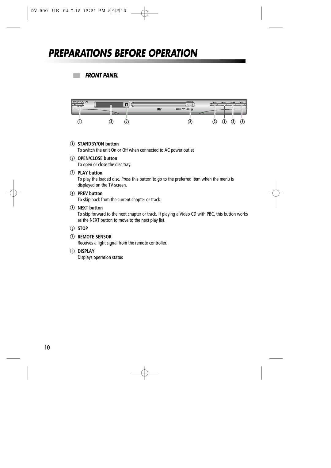 Daewoo DV-900 instruction manual Preparations Before Operation, Front Panel 