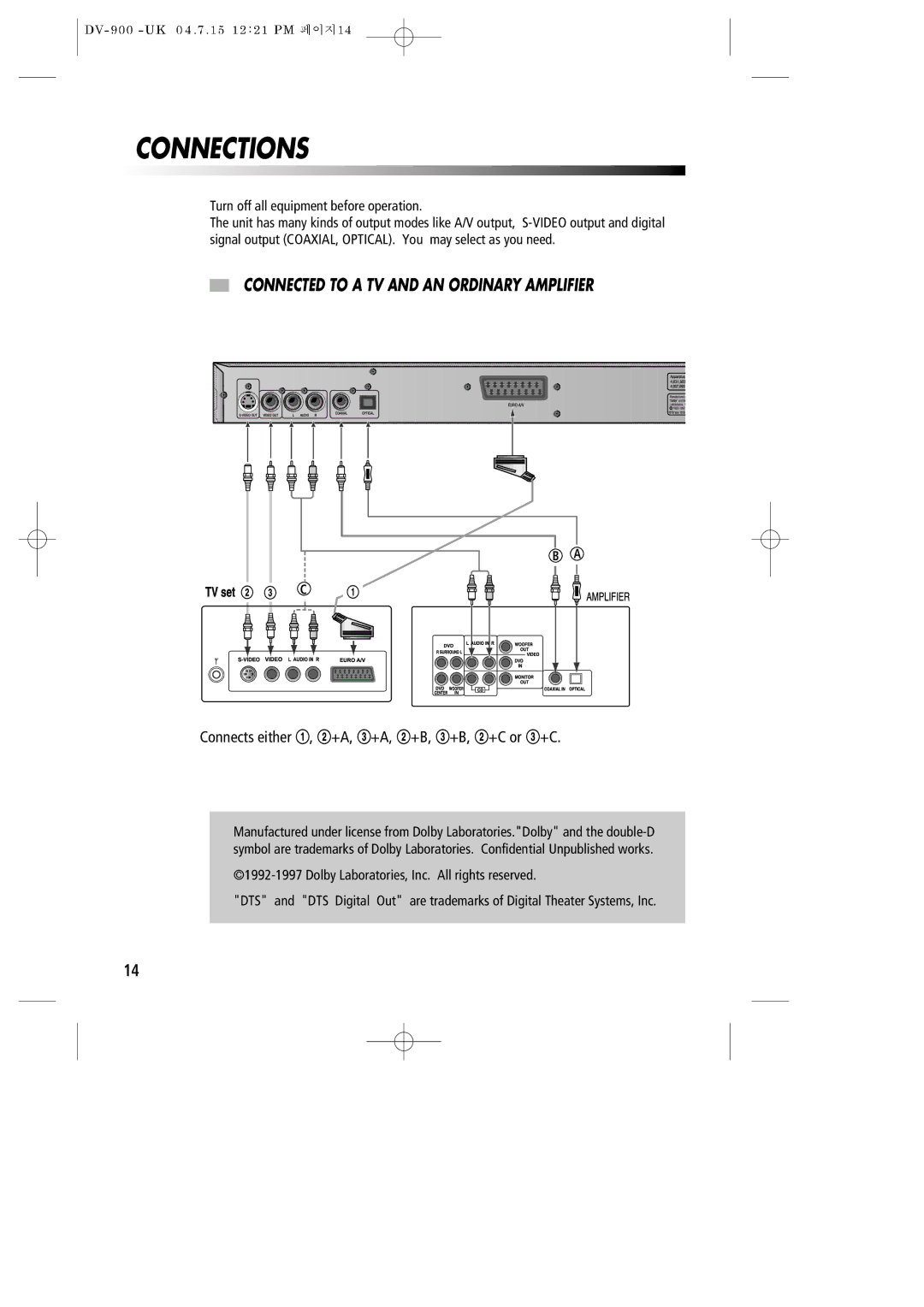 Daewoo DV-900 Connections, Connected to a TV and AN Ordinary Amplifier, Connects either !, @+A, #+A, @+B, #+B, @+C or #+C 