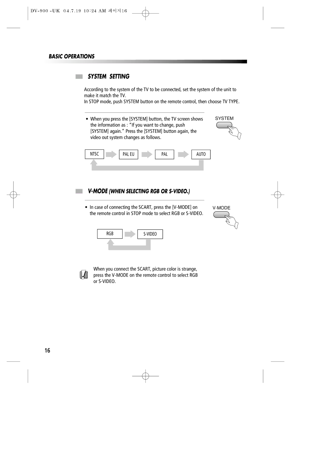 Daewoo DV-900 instruction manual System Setting, Modewhen Selecting RGB or S-VIDEO 