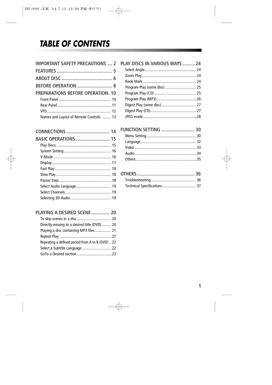 Daewoo DV-900 instruction manual Table of Contents 