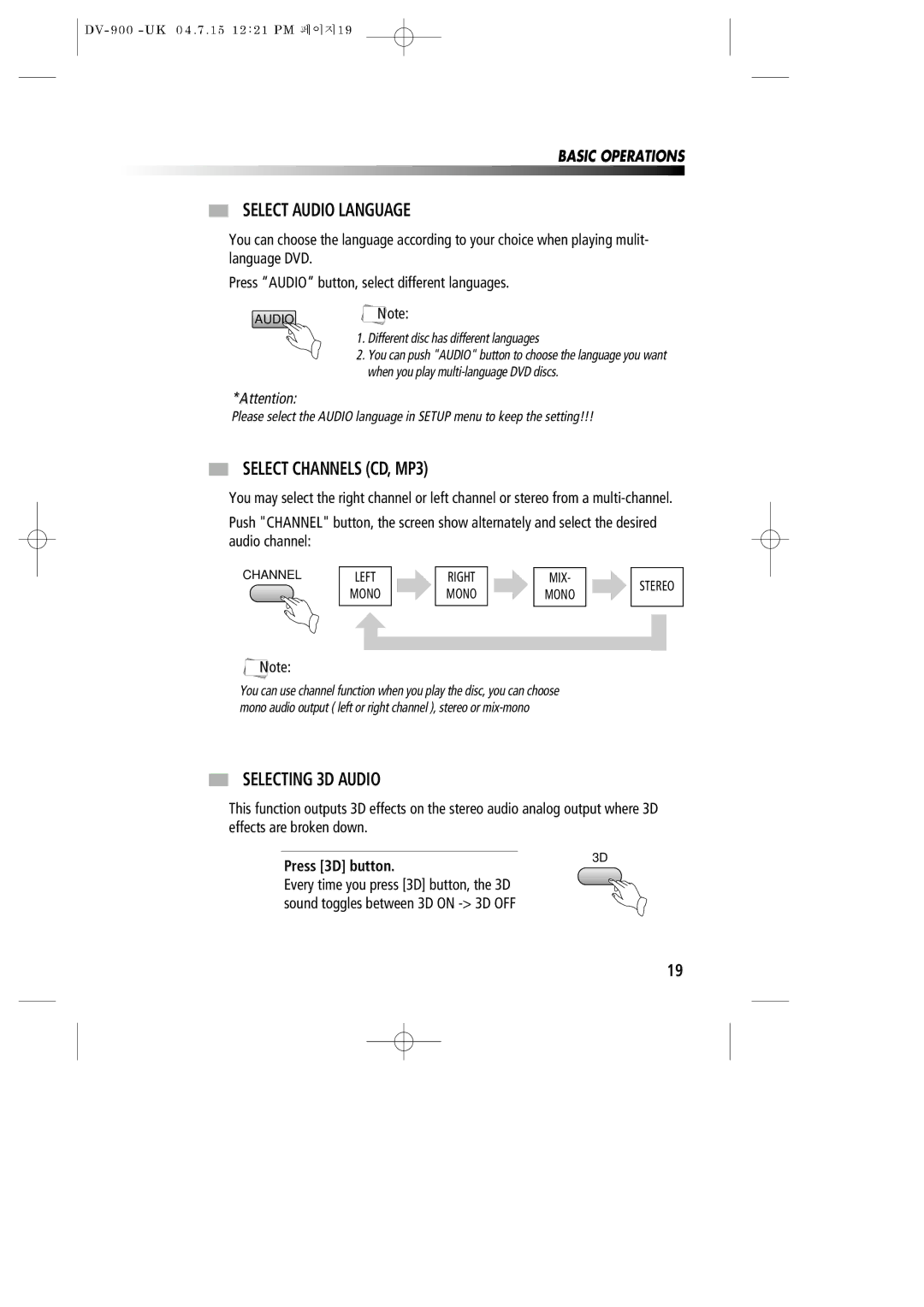 Daewoo DV-900 instruction manual Select Audio Language, Select Channels CD, MP3, Selecting 3D Audio 