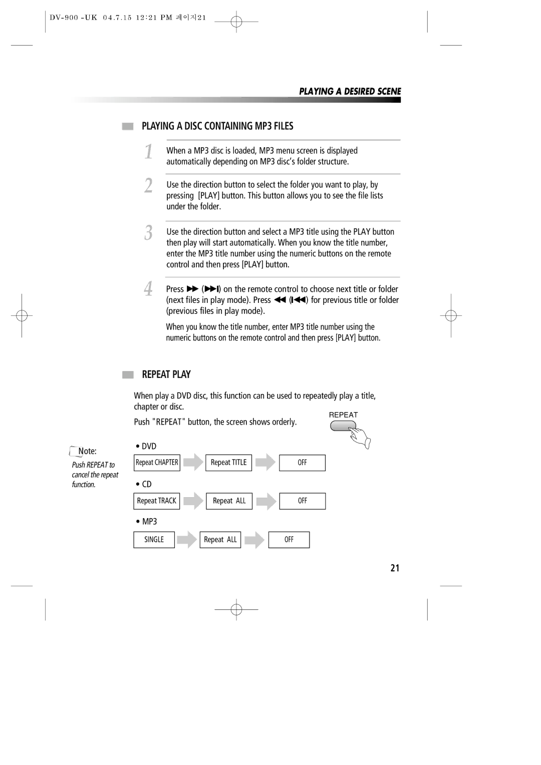 Daewoo DV-900 instruction manual Playing a Disc Containing MP3 Files, Repeat Play 