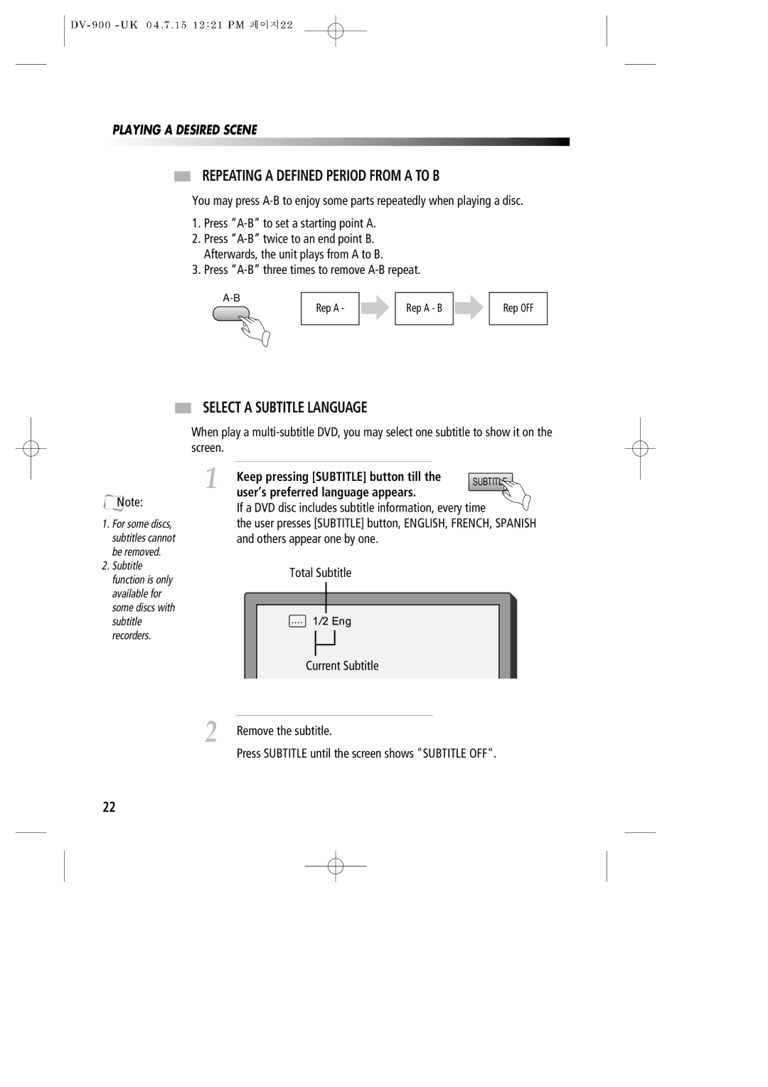 Daewoo DV-900 instruction manual Repeating a Defined Period from a to B, Select a Subtitle Language 