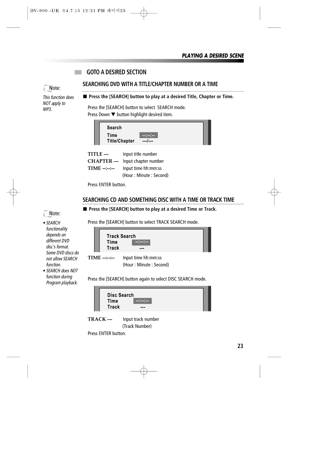 Daewoo DV-900 instruction manual Goto a Desired Section, Searching DVD with a TITLE/CHAPTER Number or a Time 