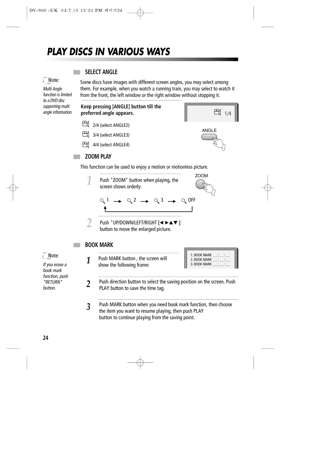 Daewoo DV-900 instruction manual Play Discs in Various Ways, Select Angle, Zoom Play, Book Mark 