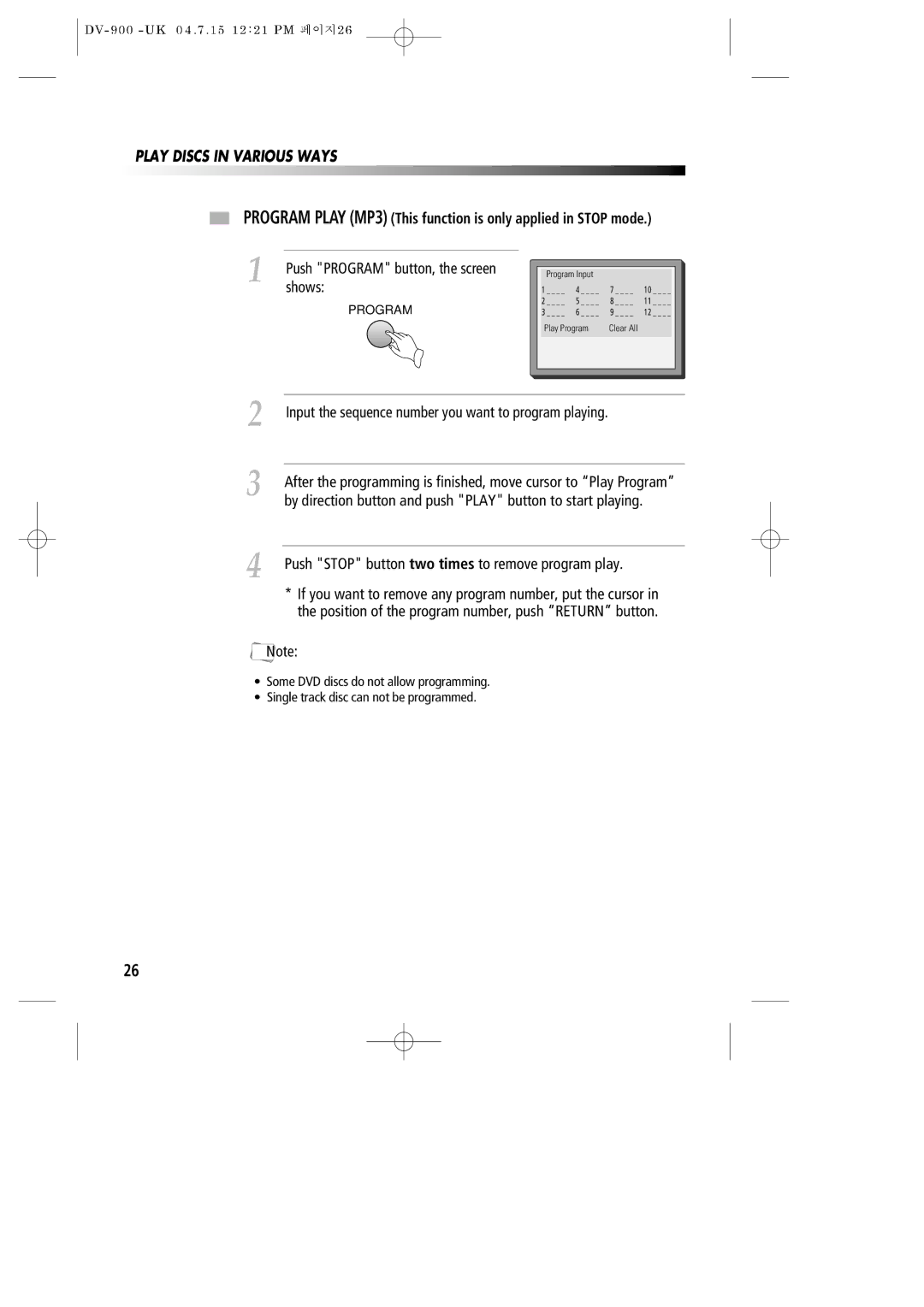 Daewoo DV-900 instruction manual Program Play MP3 This function is only applied in Stop mode 