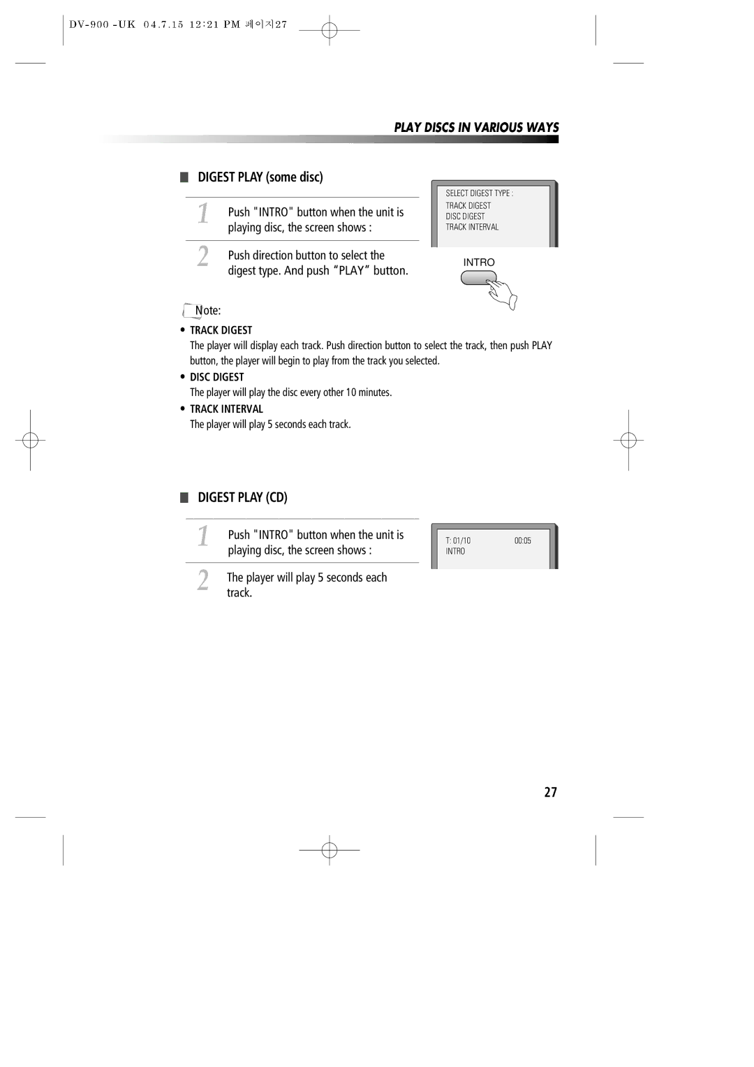 Daewoo DV-900 instruction manual Digest Play CD, Playing disc, the screen shows, Push direction button to select, Track 