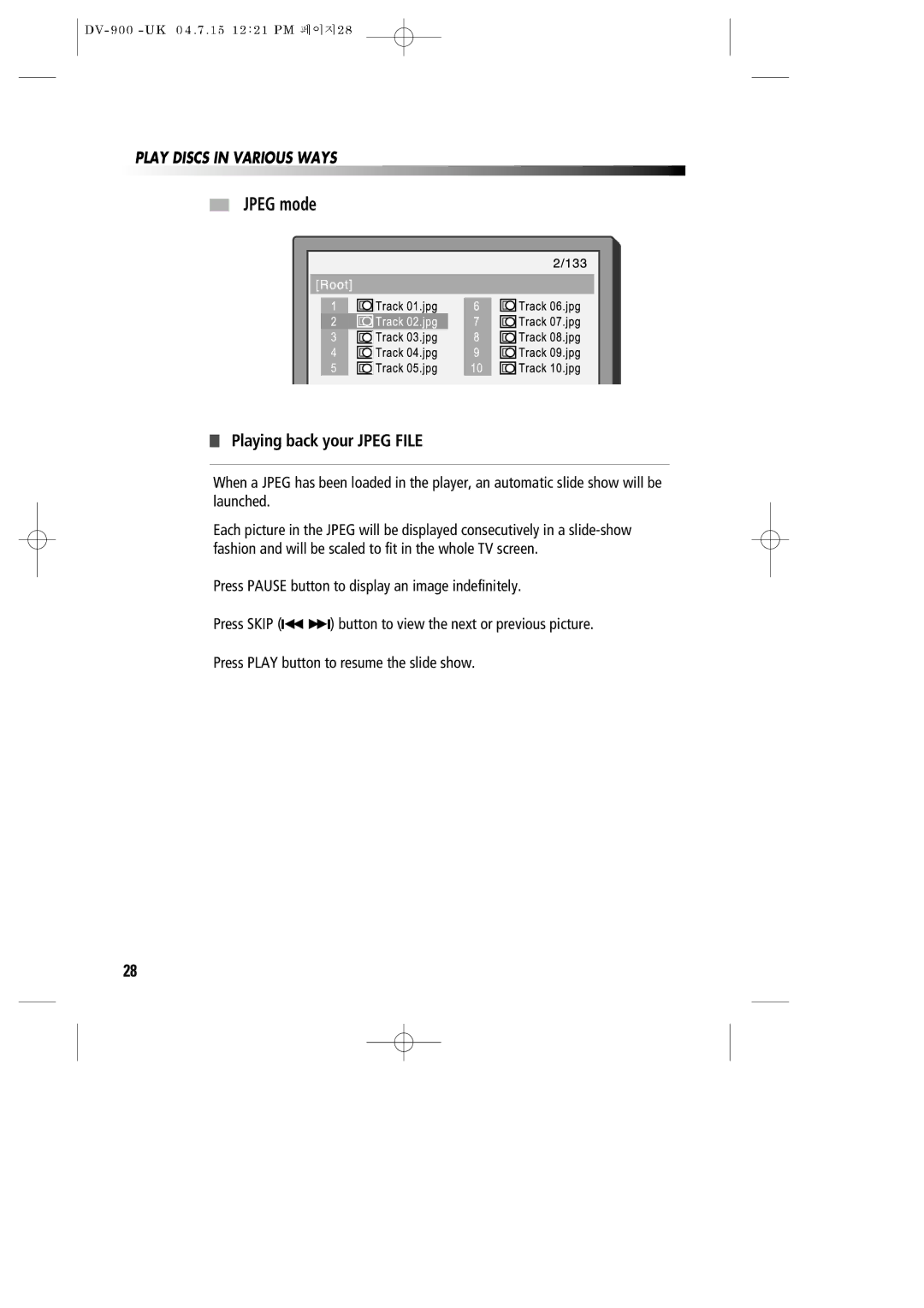 Daewoo DV-900 instruction manual Jpeg mode, Playing back your Jpeg File 