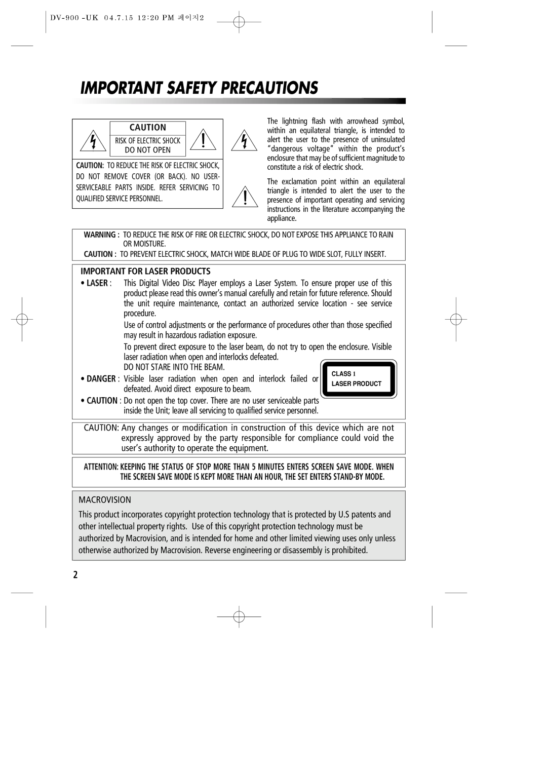 Daewoo DV-900 instruction manual Important Safety Precautions, Qualified Service Personnel 