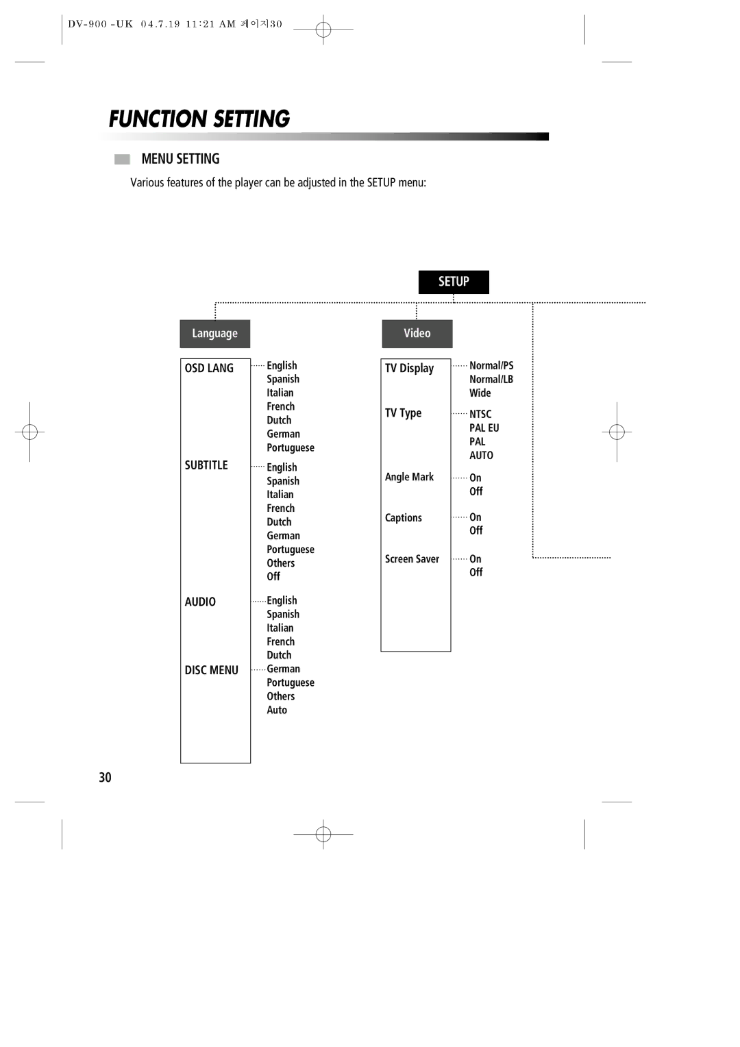 Daewoo DV-900 instruction manual Function Setting, Menu Setting 