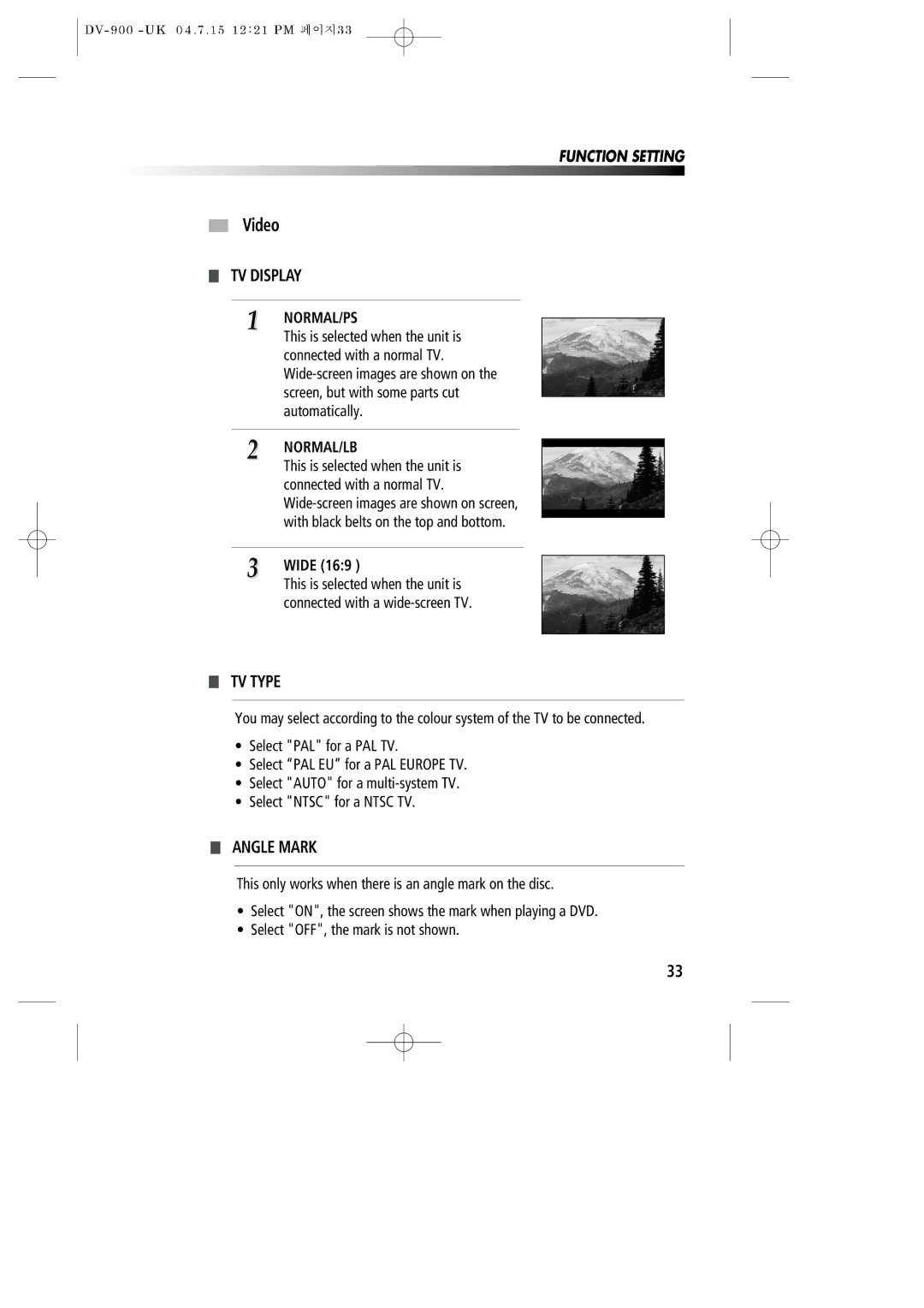 Daewoo DV-900 instruction manual Video, TV Display, TV Type, Angle Mark 