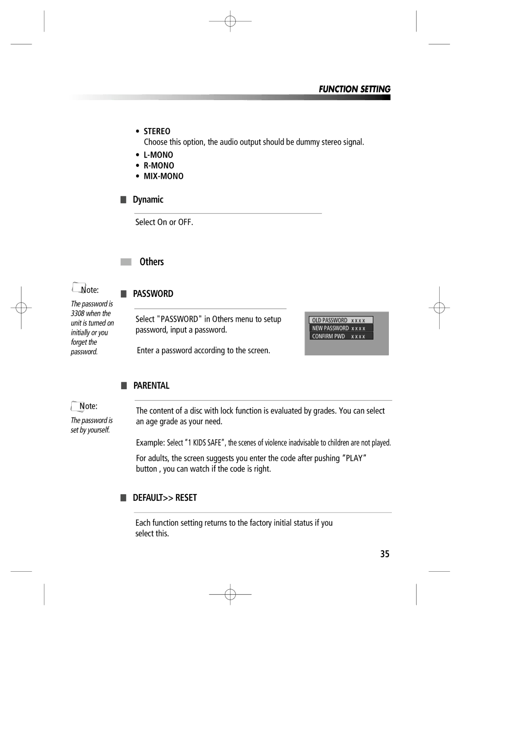 Daewoo DV-900 instruction manual Others, Password, Parental, Default Reset, Select On or OFF 