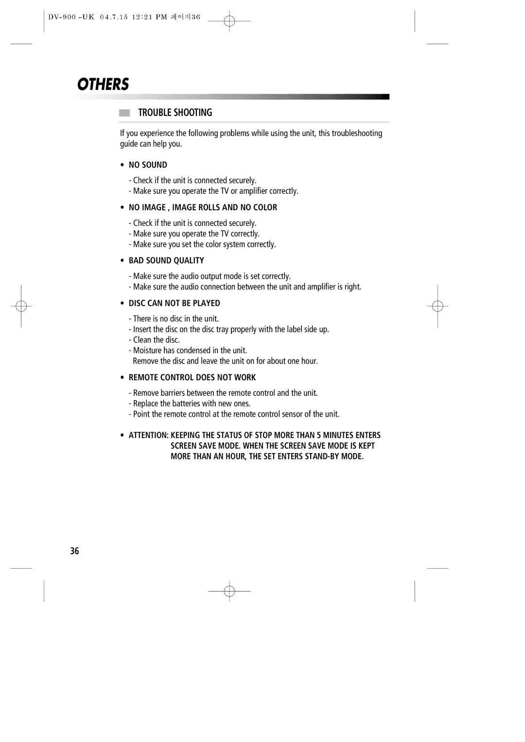 Daewoo DV-900 instruction manual Others, Trouble Shooting 