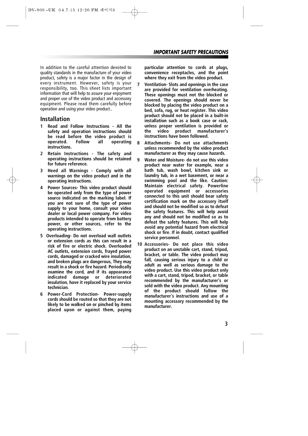 Daewoo DV-900 instruction manual Installation, Important Safety Precautions 