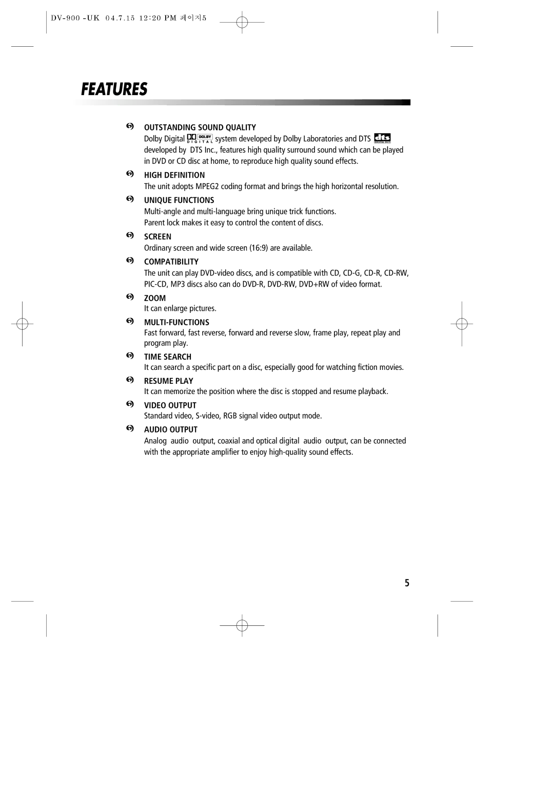 Daewoo DV-900 instruction manual Features, Outstanding Sound Quality 