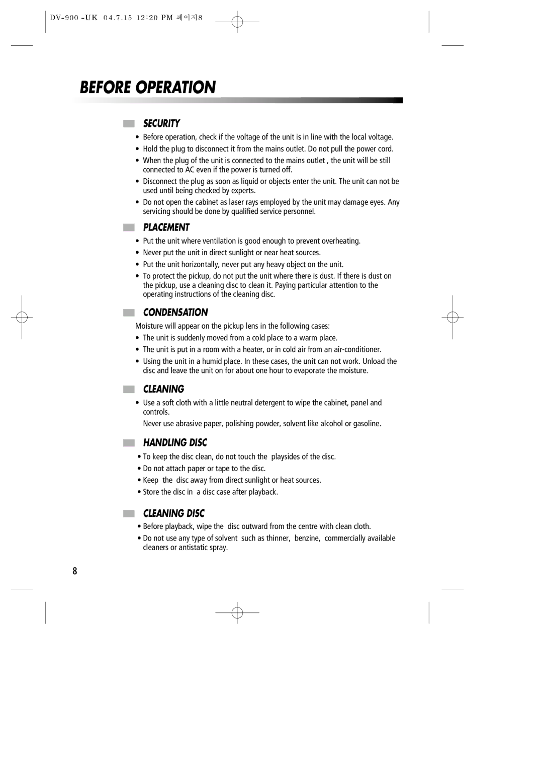 Daewoo DV-900 instruction manual Before Operation 