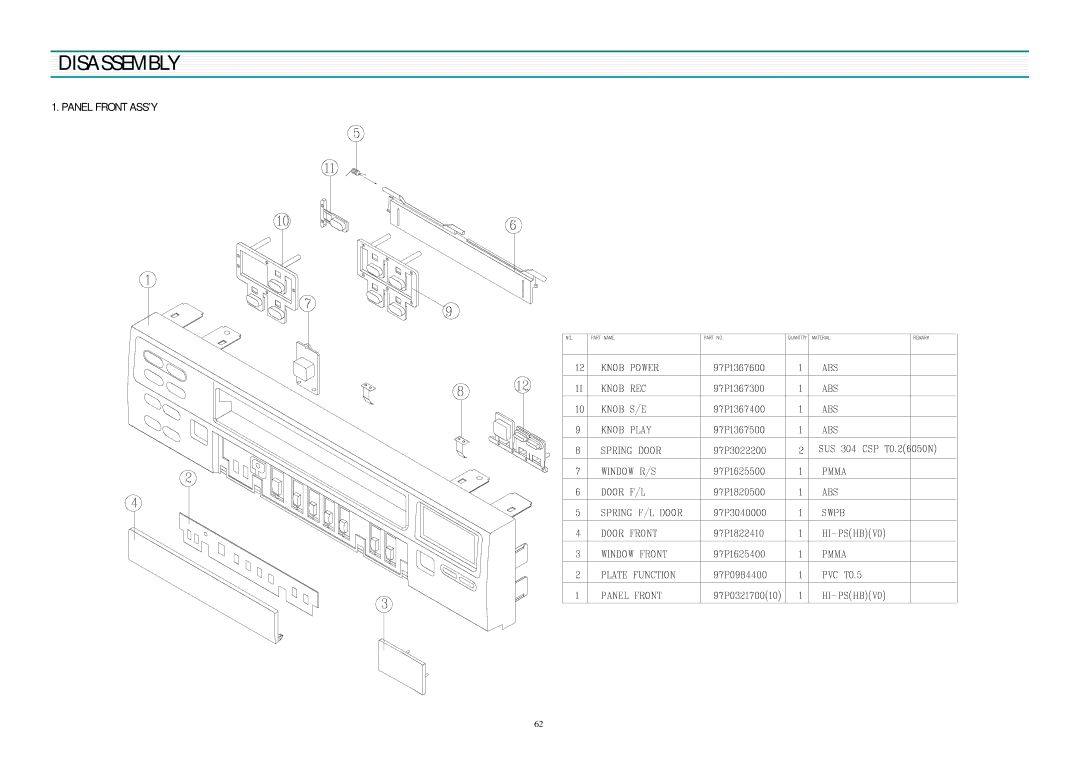 Daewoo DV-K580NZ-T service manual Disassembly, Panel Front ASS’Y 