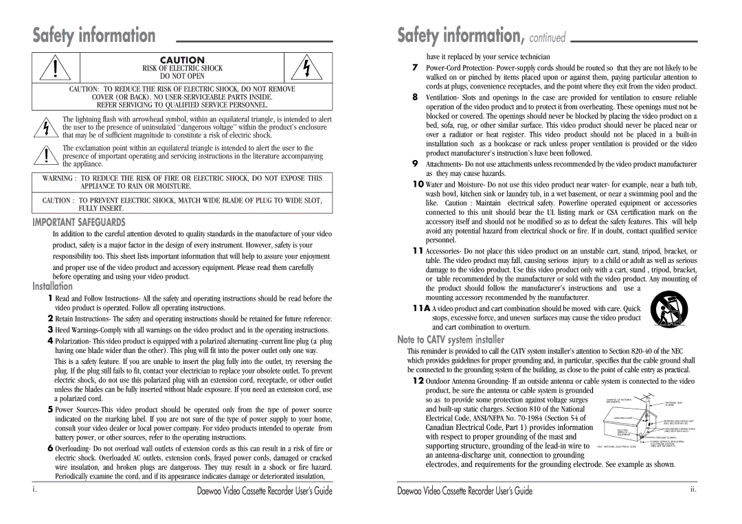 Daewoo DV-T27N, DV-T47N manual Safety information, Important Safeguards 