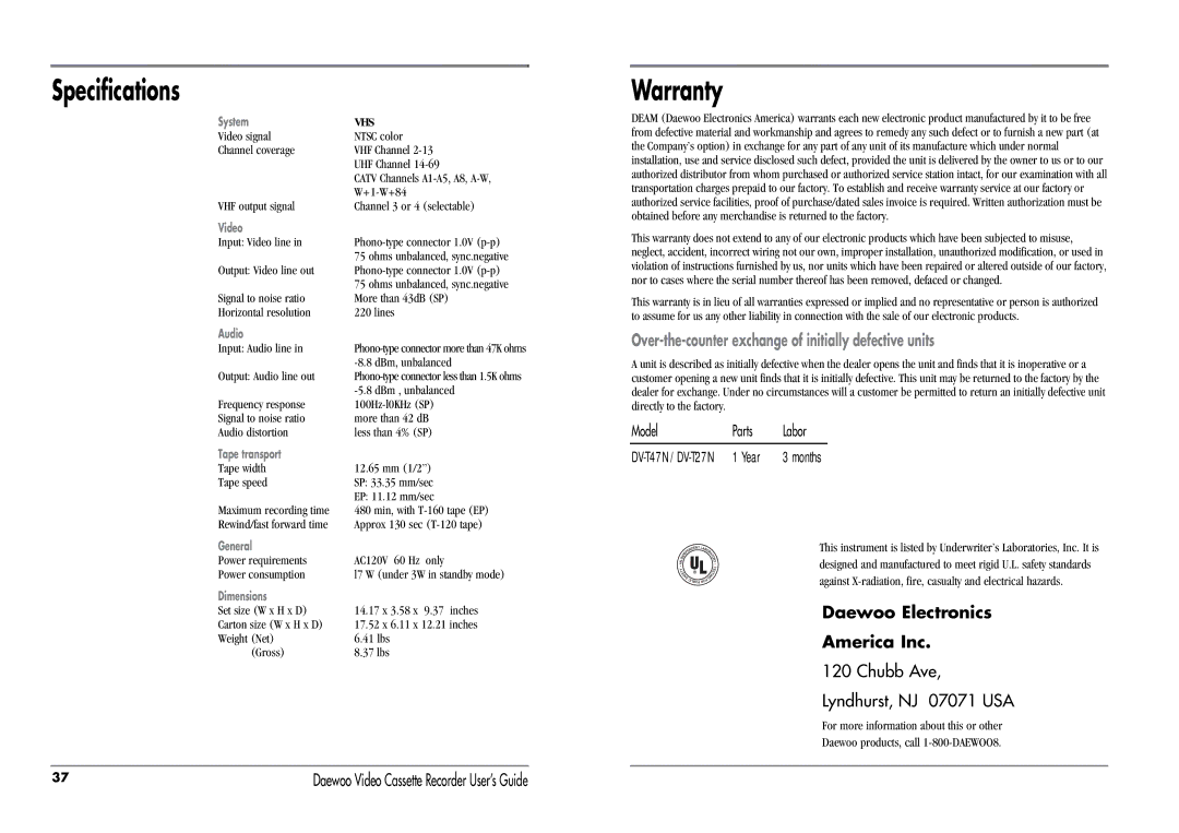 Daewoo DV-T27N, DV-T47N manual Specifications, Warranty 