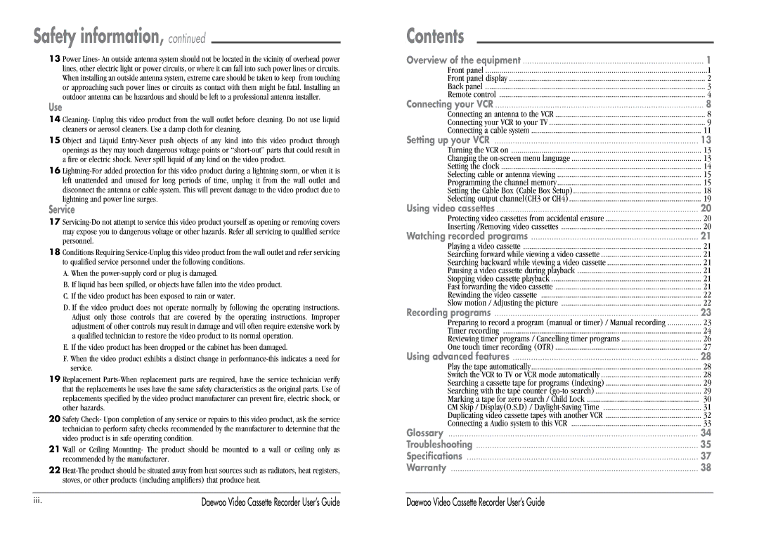 Daewoo DV-T47N, DV-T27N manual Contents 