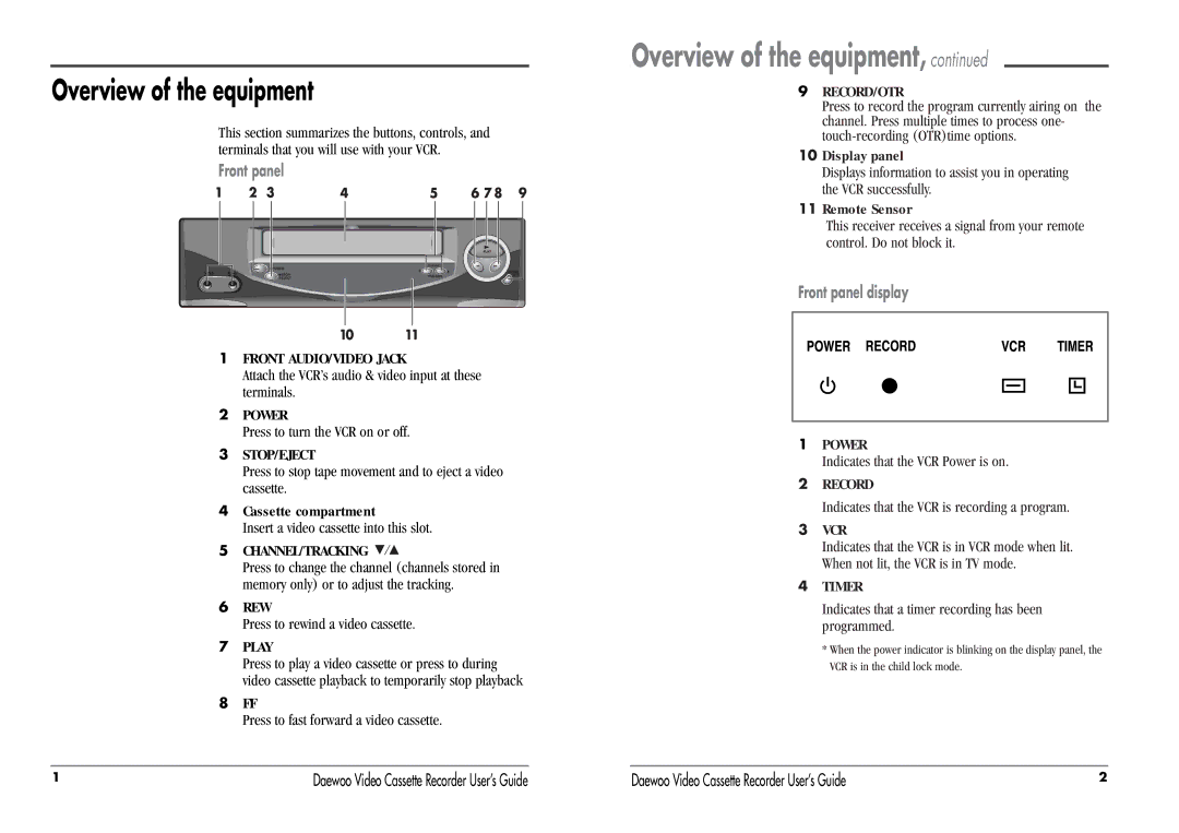 Daewoo DV-T27N, DV-T47N manual Overview of the equipment, Cassette compartment, Display panel, Remote Sensor 