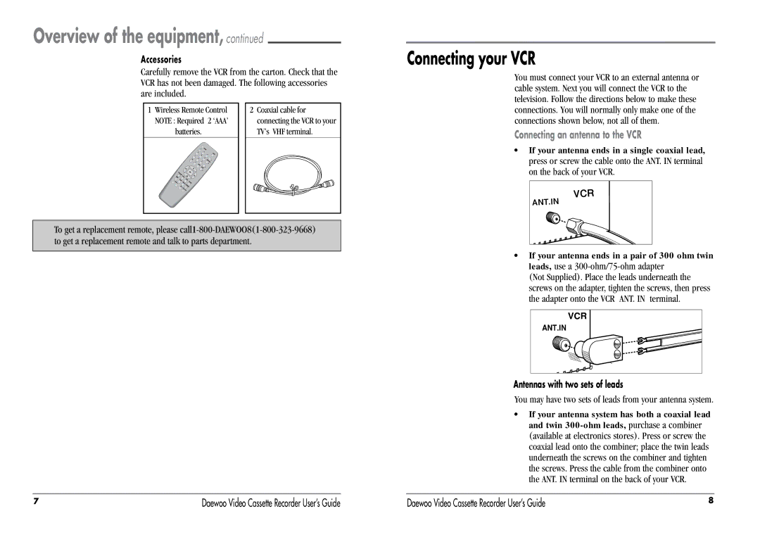 Daewoo DV-T47N, DV-T27N manual Connecting your VCR, You may have two sets of leads from your antenna system 