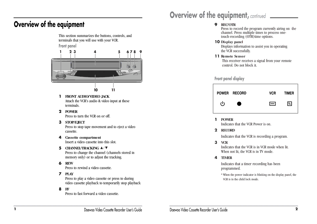 Daewoo DV-T5DN, DV-T3DN manual Overview of the equipment, Cassette compartment, Display panel, Remote Sensor 